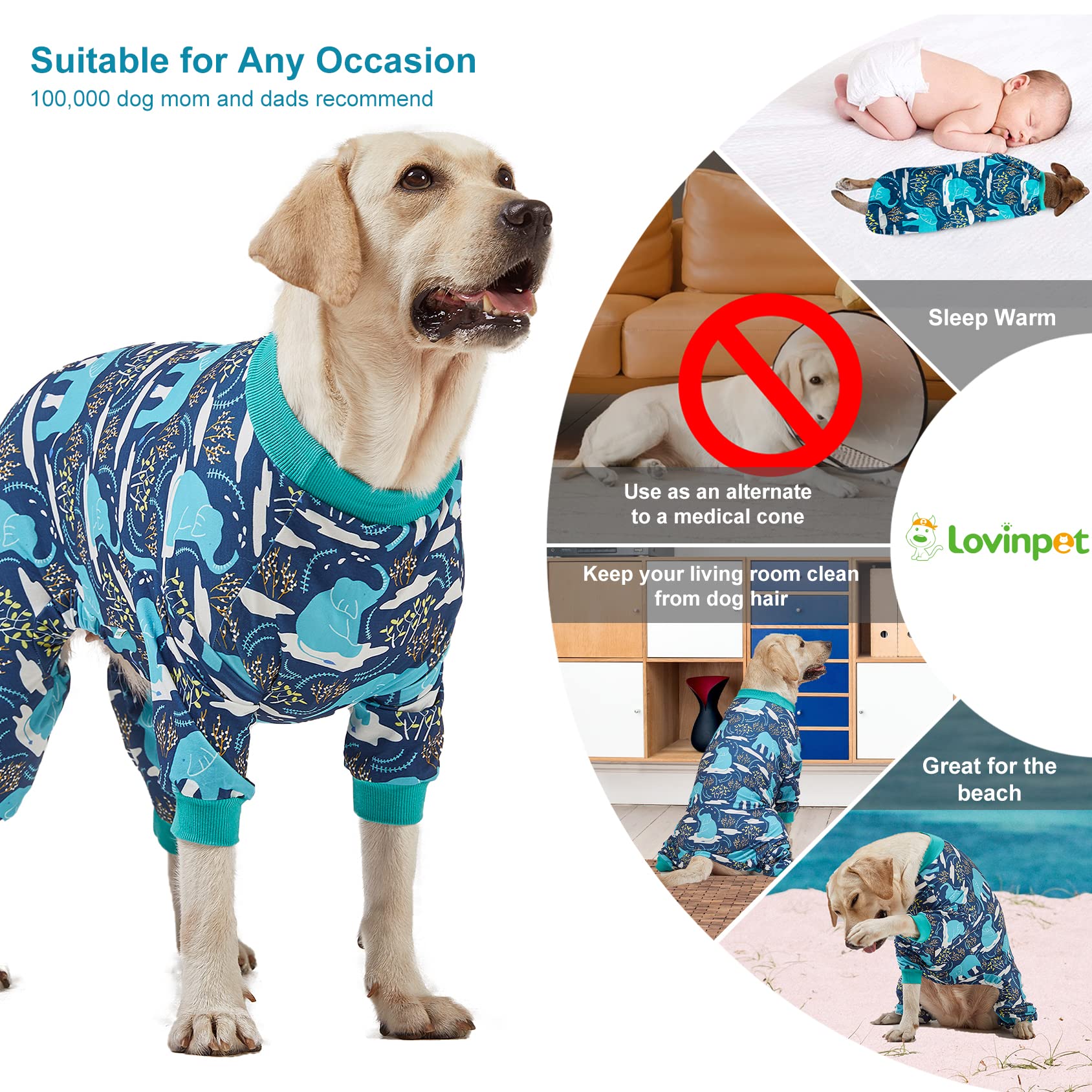 LovinPet Large Dog Clothes, Pet Anxiety Relief, UV Protection, Large Breed Dog Pajamas, Lightweight Stretchy Knit Fabric Onesie, Blue Elephant Print Weimaraner Jammies, Pet PJ's/XXL