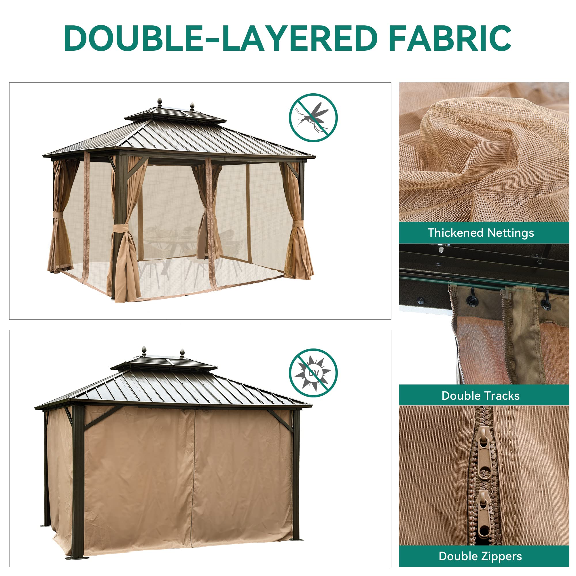 YITAHOME 10x12ft Gazebo Hardtop with Nettings and Curtains, Heavy Duty Double Roof Galvanized Steel Outdoor Combined of Horizontal Vertical Stripes Roof for Patio, Backyard, Deck, Lawn, Bronze