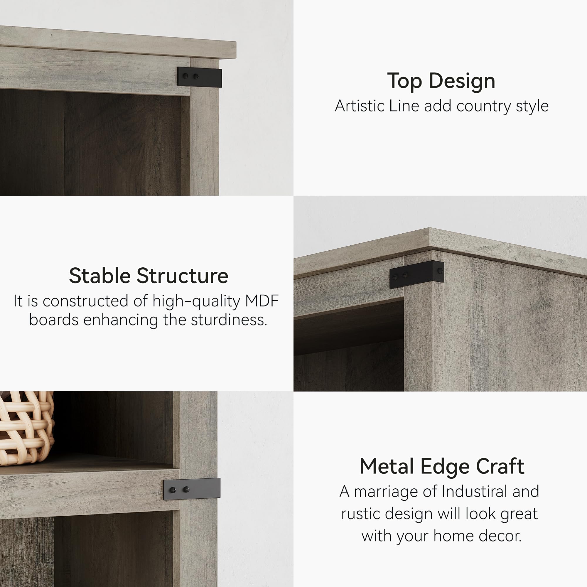 GarveeHome 5 Tier Farmhouse Bookcase, 67.4" Tall Book Shelf with Storage, Wooden Bookshelves 5 Shelf Display Shelvesfor Home Office, Living Room, Bed Room (Grey, 67.4" H x 24.4" W x 12.8" D)