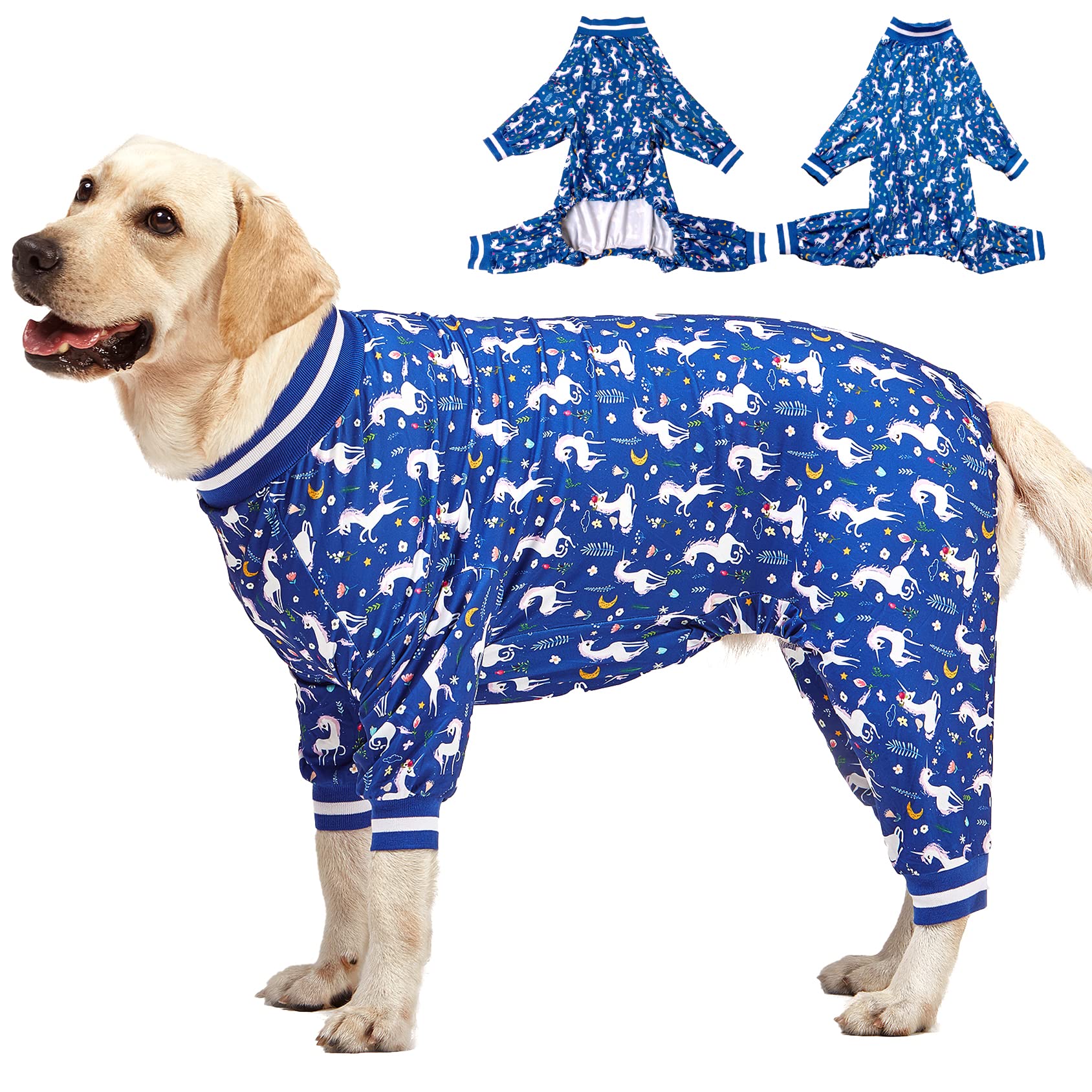 LovinPet Large Dog PJS Clothes: Wound Care/Post Surgery Mastiff Shirt, Lightweight Stretchy Knit Dog Pajamas, Mermaids & Unicorns Blue and White Print, Mastiff Pajamas, Pet PJ's/L