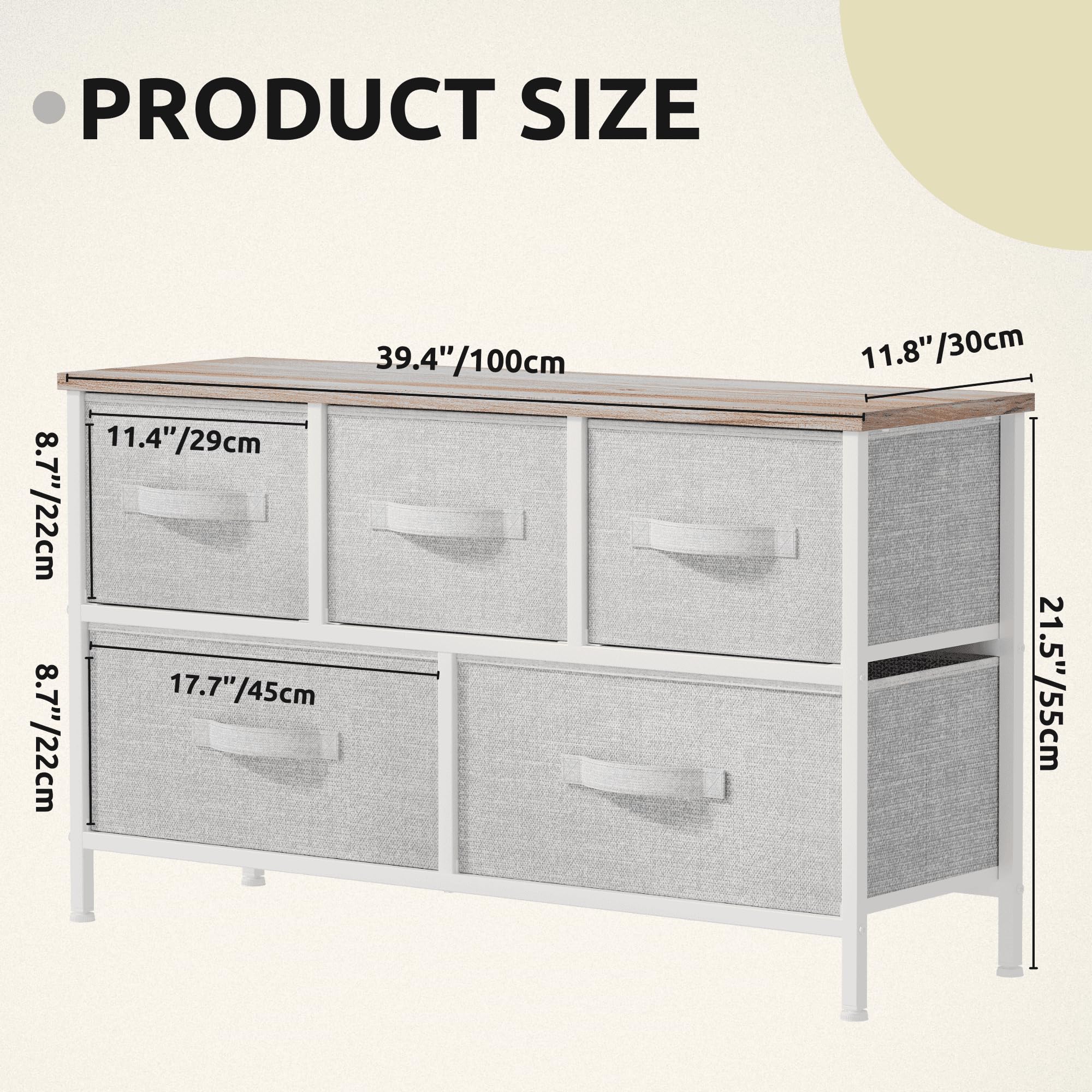 GOOBED 5 Drawer Dresser - Fabric Storage Tower, Organizer Unit for Living Room, Hallway, Closets - Sturdy Steel Frame, Wooden Top & Easy Pull Fabric Bins