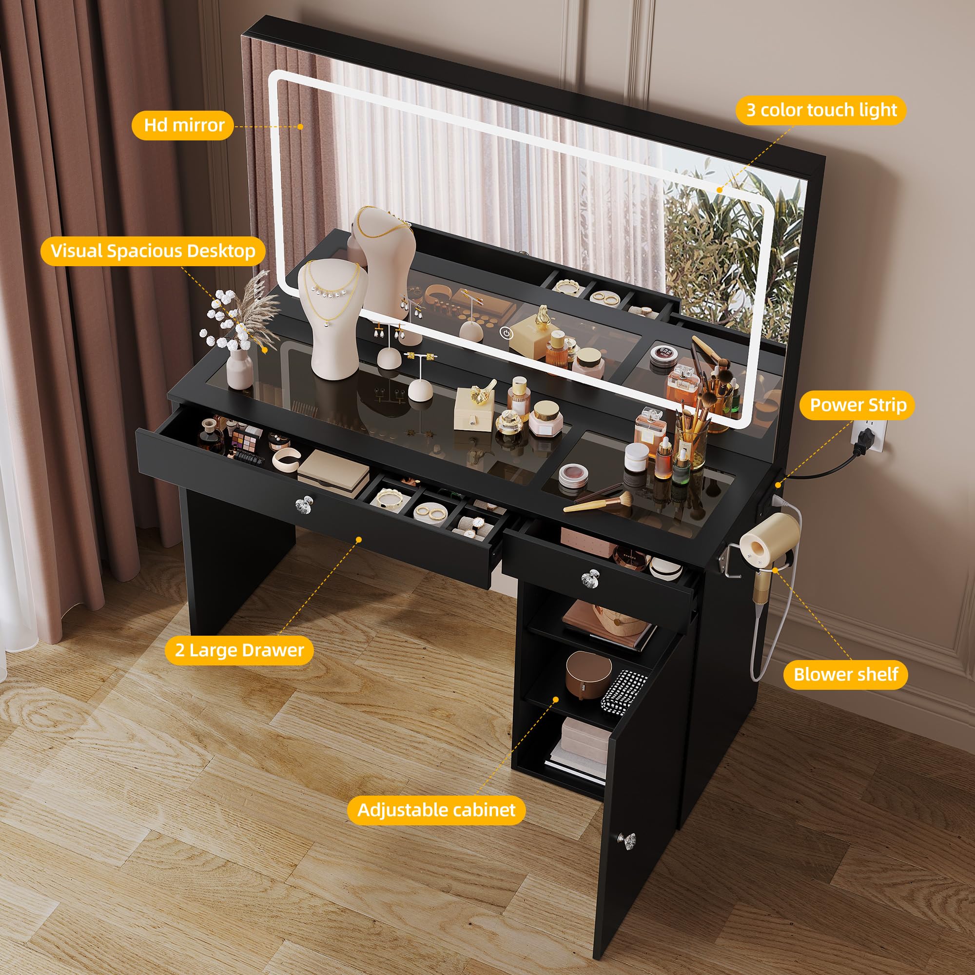 DWVO Vanity Desk with Large LED Mirror, Power Outlet, 47" Makeup Vanity Table with Mirror with 3 Lighting Modes, 4 Drawers, for Bedroom, Black