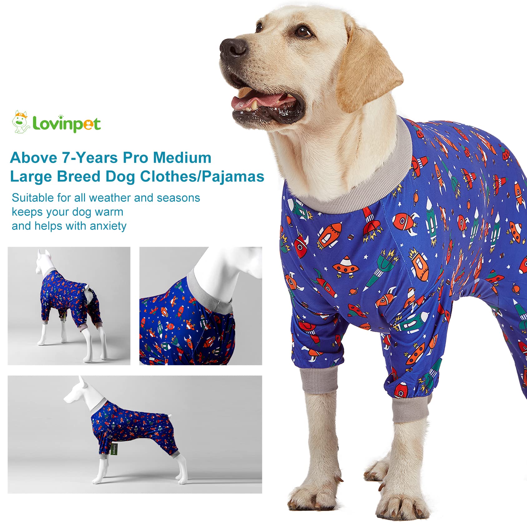 LovinPet Large Dog Pajamas, Navy Rocket and Spaceship Print, Lightweight Stretchy Knit Big Dog Pullover Shirt, Stop Shedding for Dogs, Onesies for Dogs, Pet PJ's Jumpsuit, PJ's for Pitbulls, M