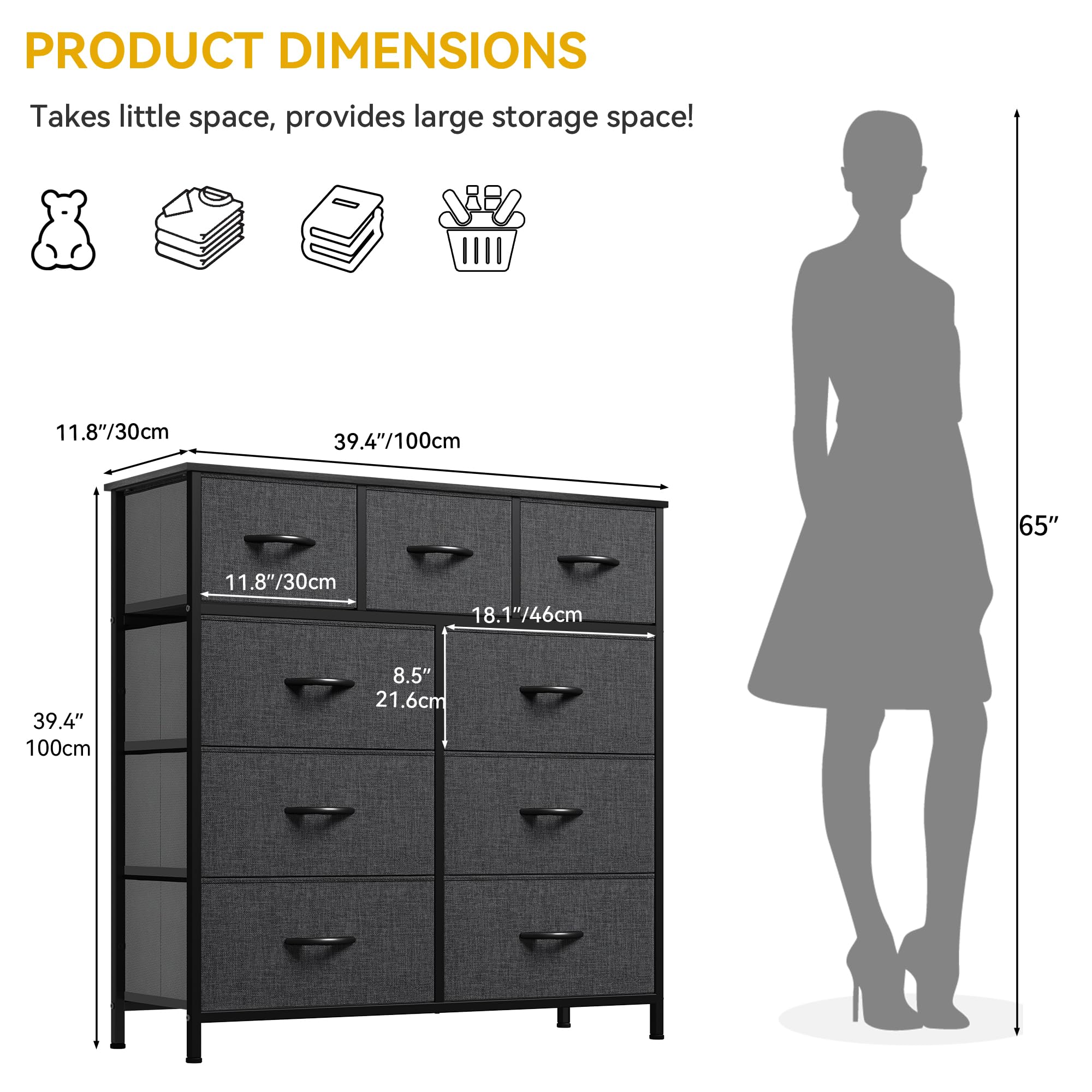 DWVO 9 Drawers Dresser for Bedroom, Fabric Storage Tower for Living Room, Entryway