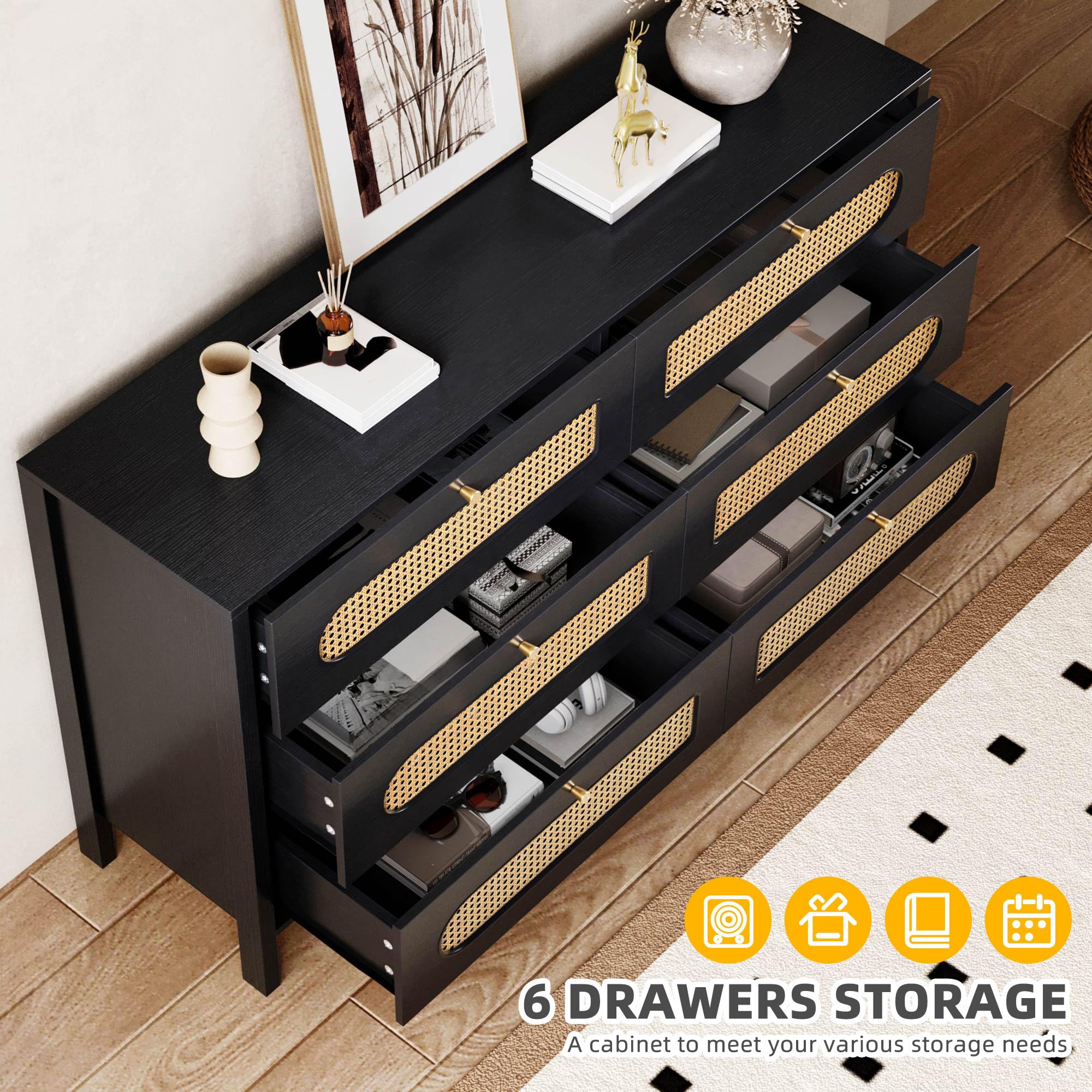 DWVO Buffet Cabinet Rattan - Storage with 6 Wood Storage Closet Dressers Chest - Coffee Bar with Drawer-Accent with Golden Handles for Living Room/Dining Room/Entryway-Black