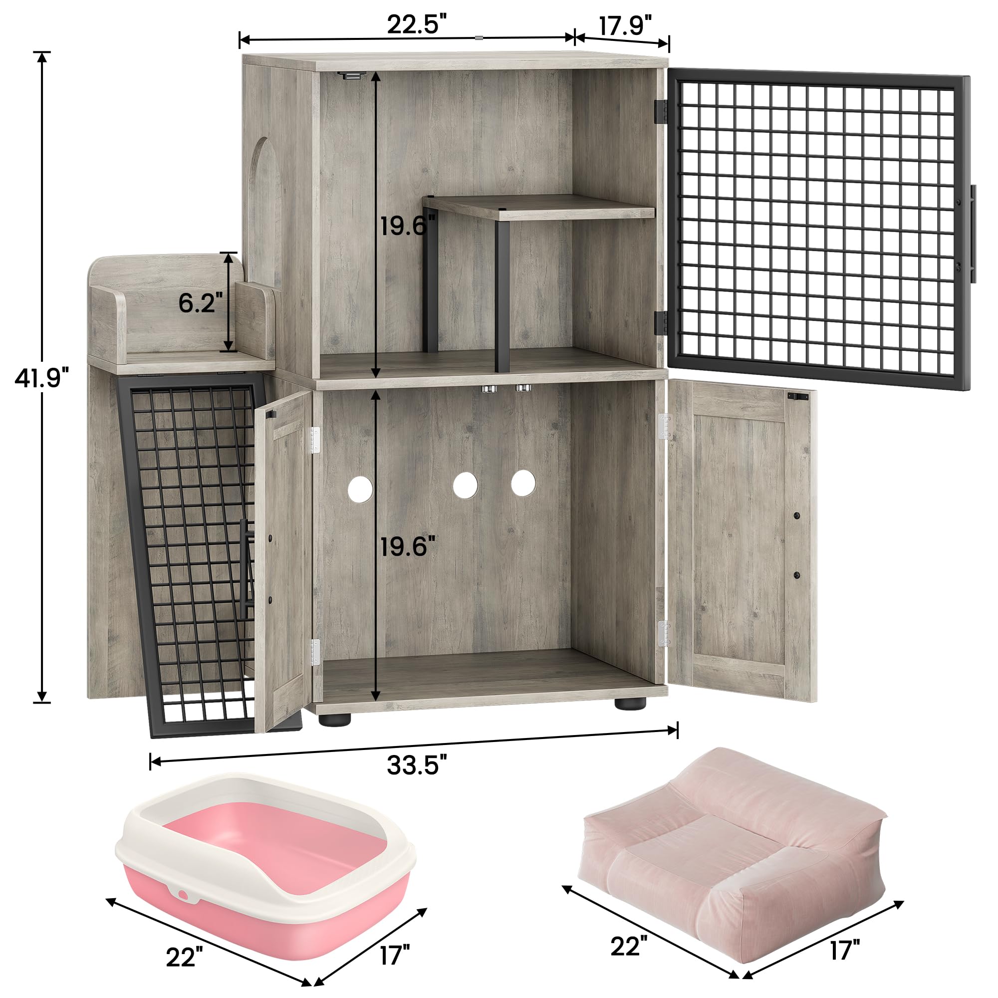 IDEALHOUSE Modern Cat Litter Box Enclosure with Platform, Double Layer Hidden Litter Box, Indoor Washroom, Villa Cat House with Ladder, 33.5" l x 17.9" w x 41.9" h,Grey