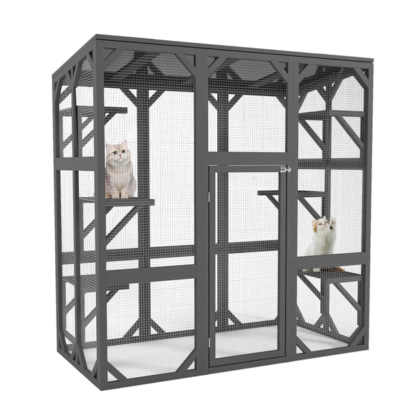 Wooden Window Catio Outdoor Cat Enclosure, Large Feral Cat Shelter for Mulitiple Cats, Walk in Cage with 6 Platforms, Outside Cats Patio Enclosure Weatherproof Roof Gray
