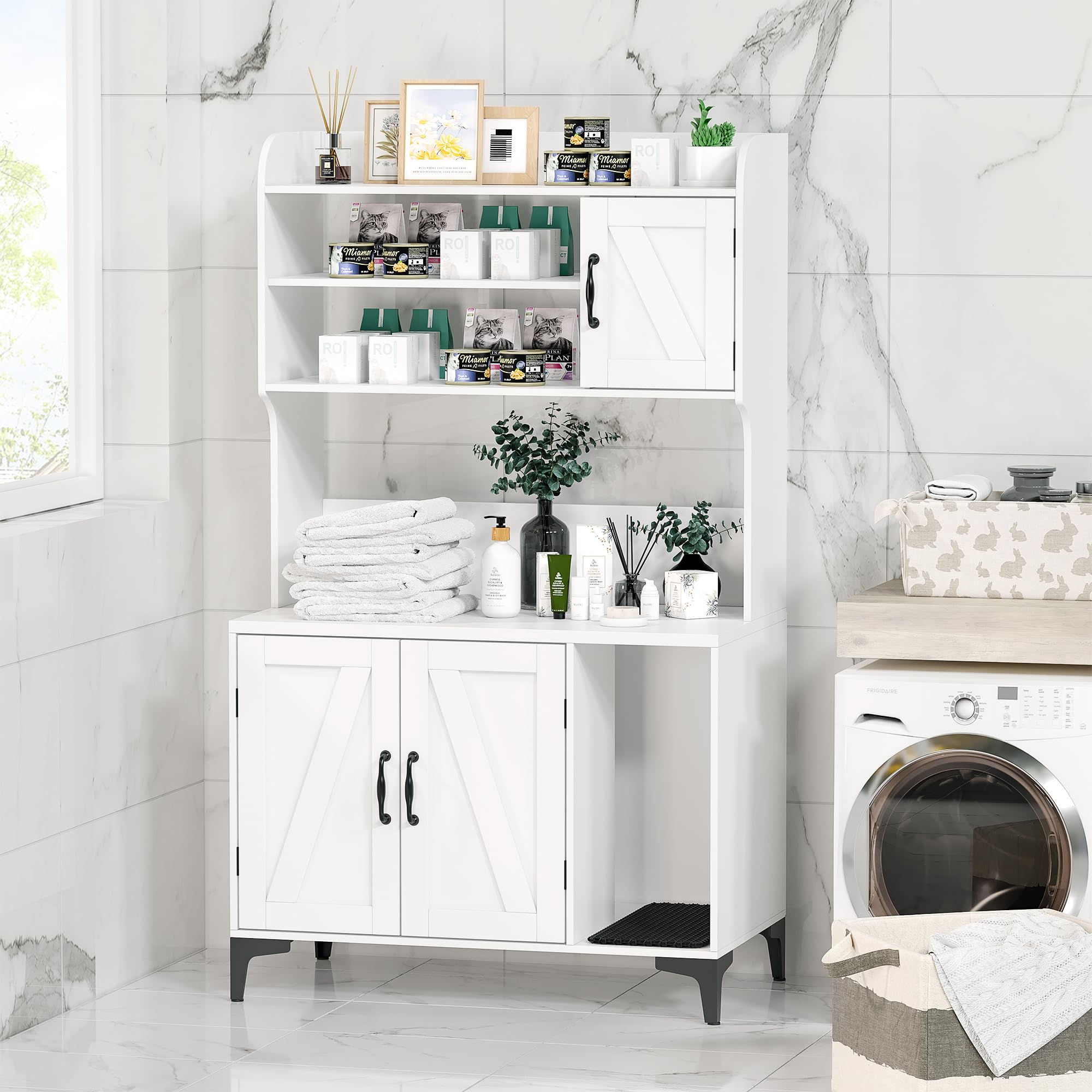 GarveeLife Litter Box Enclosure with Shelves, Cabinet, Hidden Cat Box Furniture, Scratching Mat, Wood Sturdy Washroom Storage, Indoor House, White
