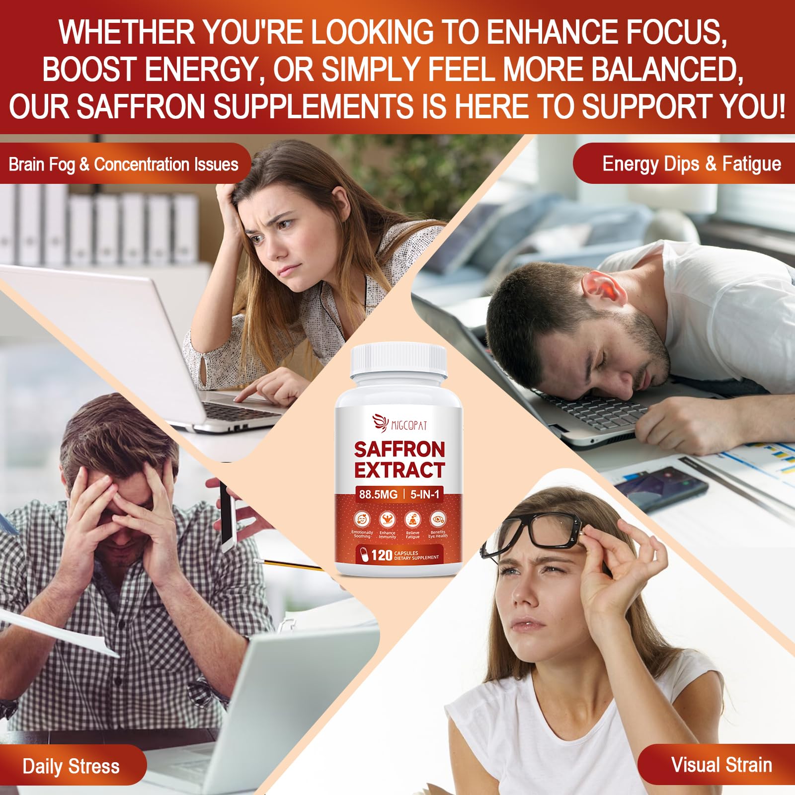 Happy Saffron Supplements - 5 In 1 Saffron Capsules With 10:1 Saffron Extract 88.5mg, Ginseng, Goji Berry & Chrysanthemum – Supports Memory, Focus, Mood, Energy, Emotional Balance & Eye Health