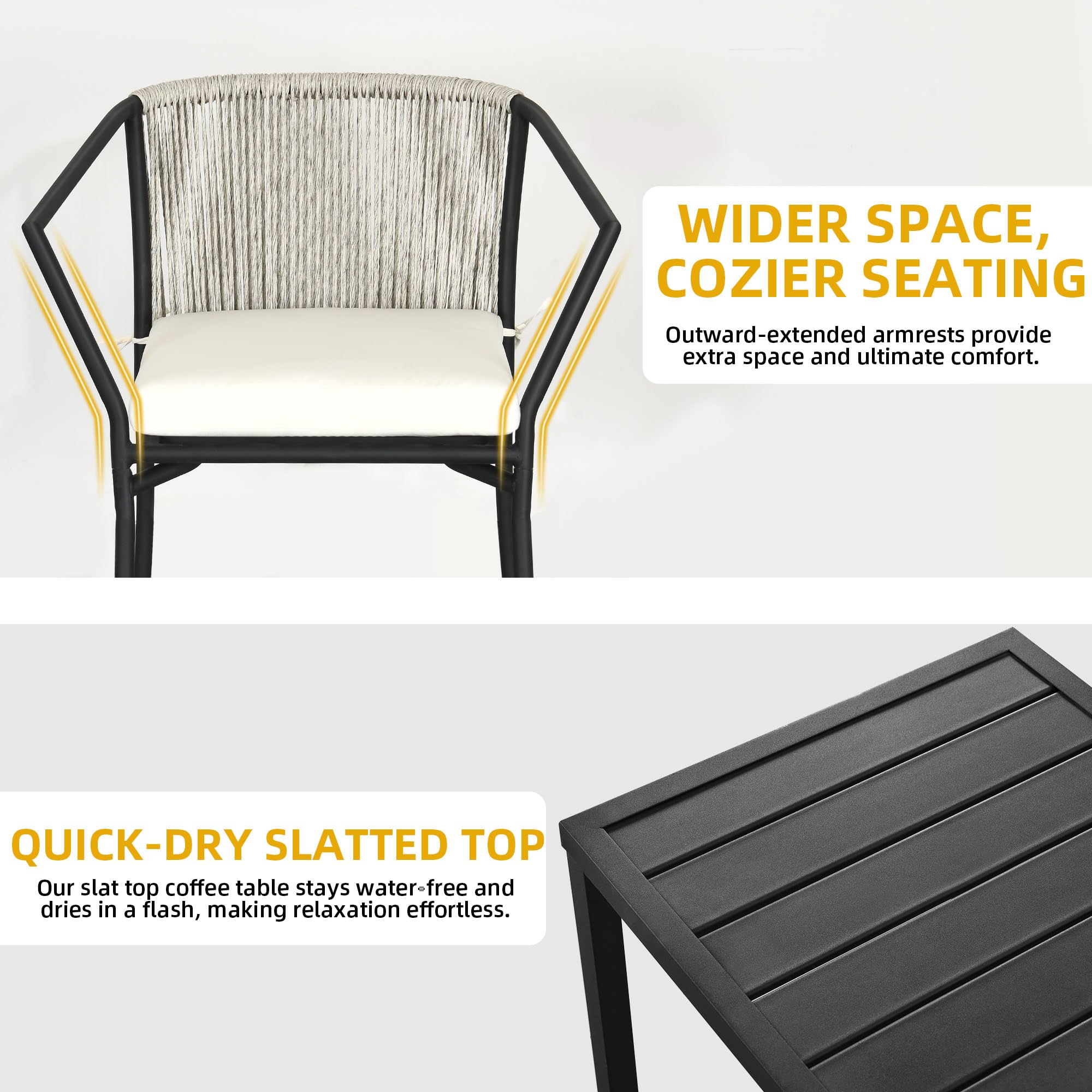 DWVO 3 Pieces Patio Set Wicker Furniture Outdoor Table and Chairs Rattan Chair Conversation Sets with Cushions & Coffee Table for Porch Backyard Poolside Garden, Gray