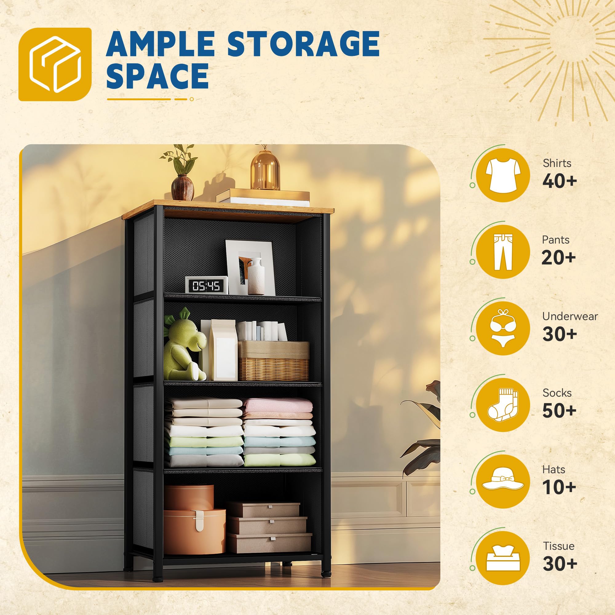 DWVO 4 Drawers Dresser, Small Dresser, Fabric Storage Tower, Chest of Drawers, Organizer Unit for Closets, Living Room, Sturdy Steel Frame, Wooden Top, Easy Pull Handle
