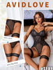 Avidlove Sexy Lingerie Set for Women Lace Bodysuit with Garter Belt & Thigh Straps, Seductive Teddy Lingerie for Date Night Black L