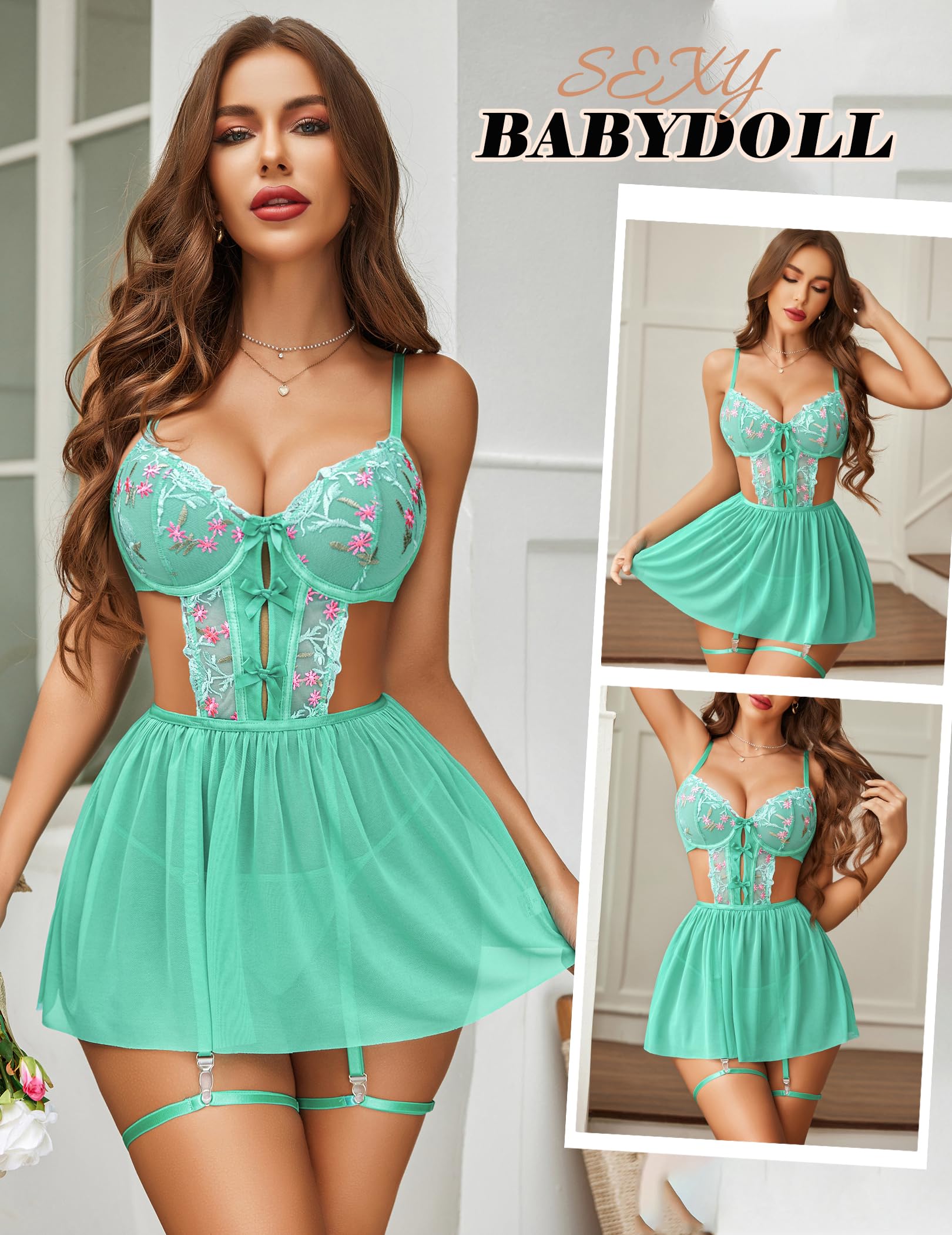Avidlove Lace Lingerie Plus Size Lingerie Babydoll Womens Strap Chemise Nightgowns V Neck Nighty Mesh Sleepwear Nightdress (Light Green, X-Large)