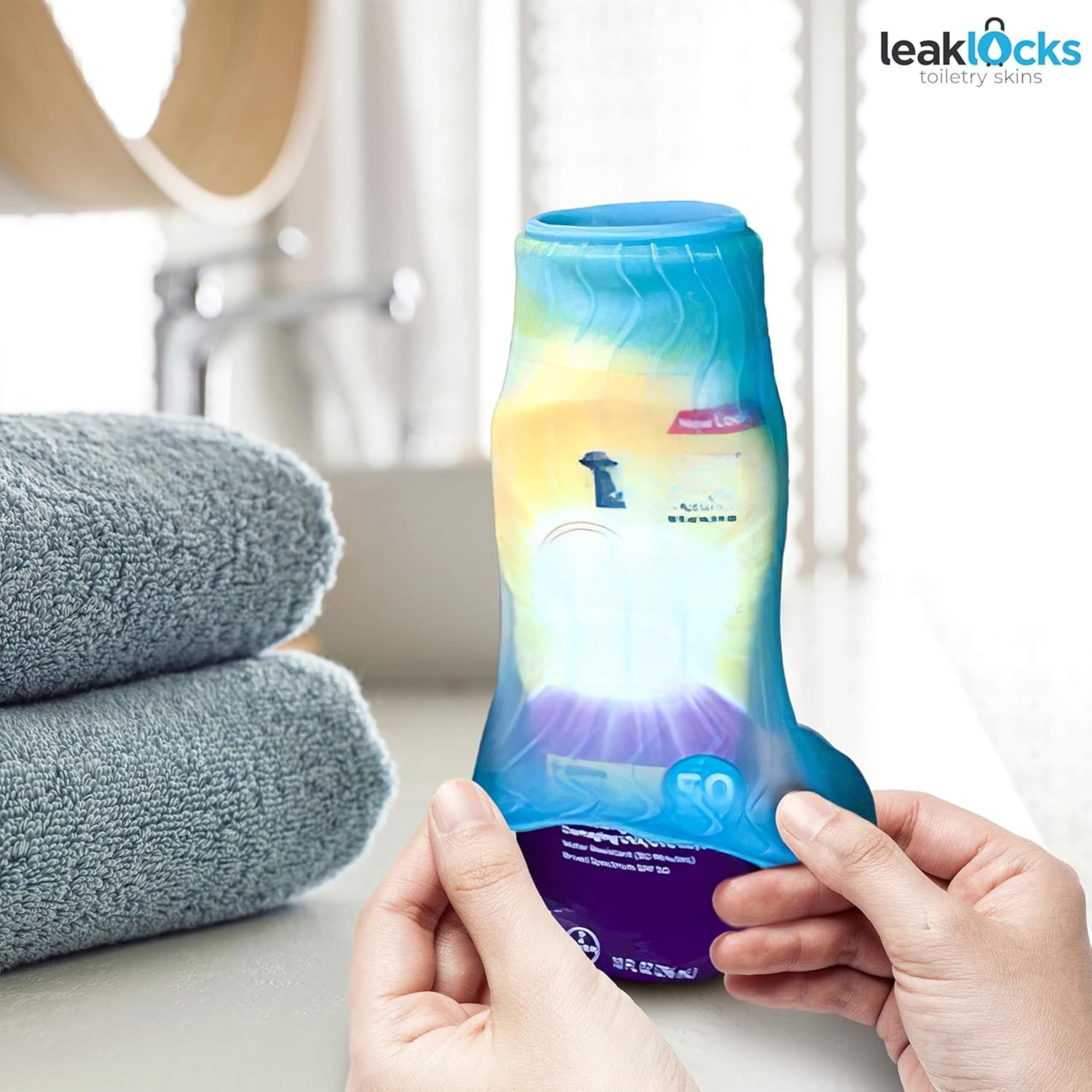 LeakLocks® Toiletry Skins™ Elastic Sleeve for Leak Proofing Travel Container in Luggage. For Standard and Travel Sized Toiletries. Reusable Accessory for Travel Bag Suitcase and Carry-on Luggage