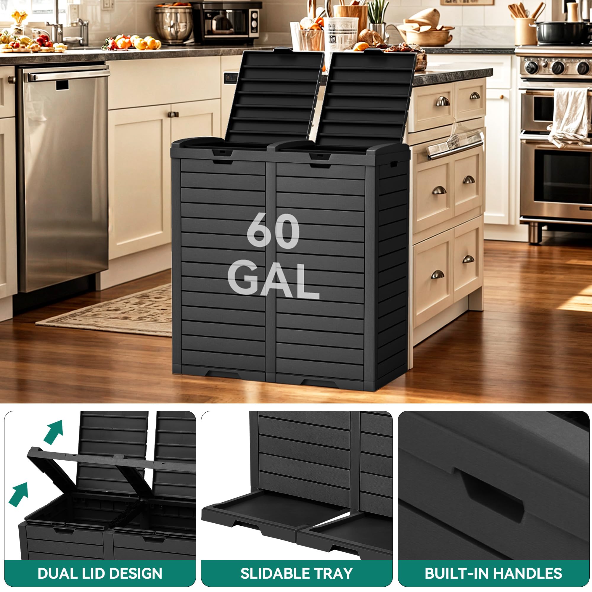 YITAHOME Outdoor Resin-Based Dual Compartment Trash Bins, 62 Gallon Capacity, Easy-to-Clean Hideaway Garbage Cans with Lid and Drip Tray (Black)
