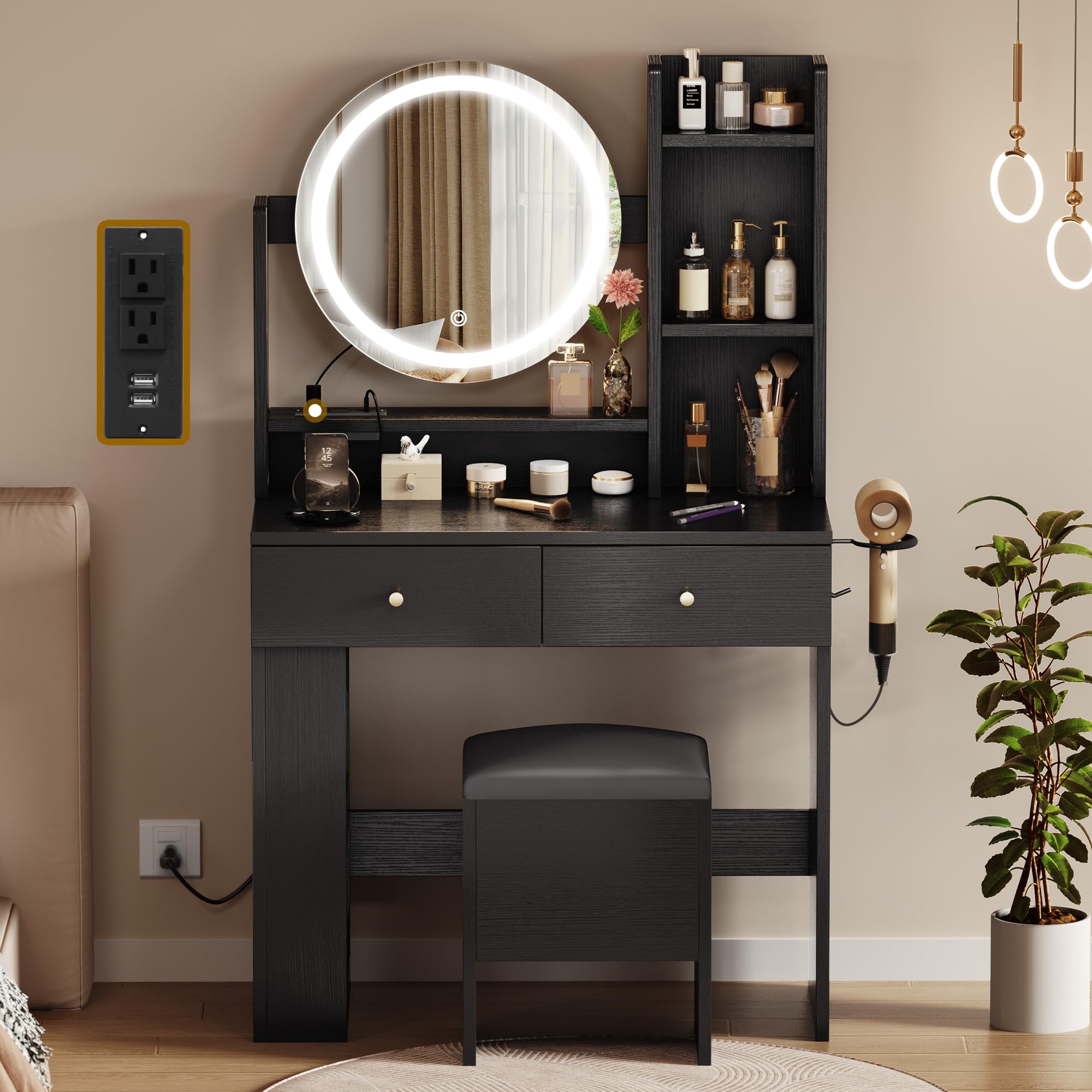 YITAHOME Vanity Desk, Vanity Mirror with Lights, Makeup Vanity Set with 2 Drawers, 3 Lighting Modes and Charging Station, Makeup Table with Lots Shelves and Stool, Black