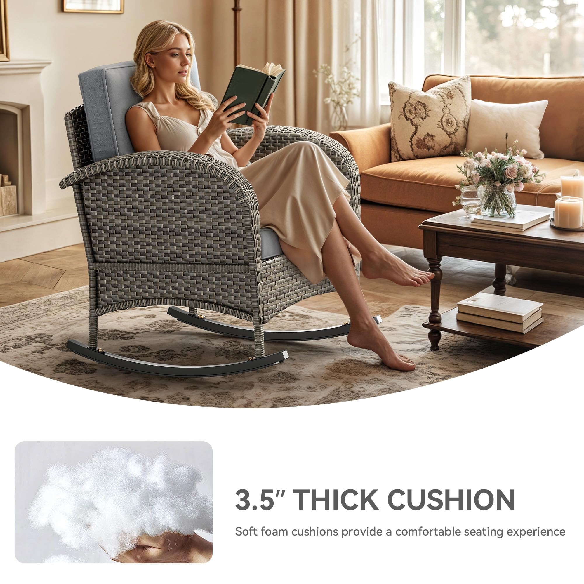YITAHOME 3-Piece Wicker Rocking Chair Set, Outdoor Patio Furniture Set with Plush Cushions, PE Rattan Bistro Set Including Side Table, Perfect for Garden, Backyard, Porch, and Patio Use, Grey