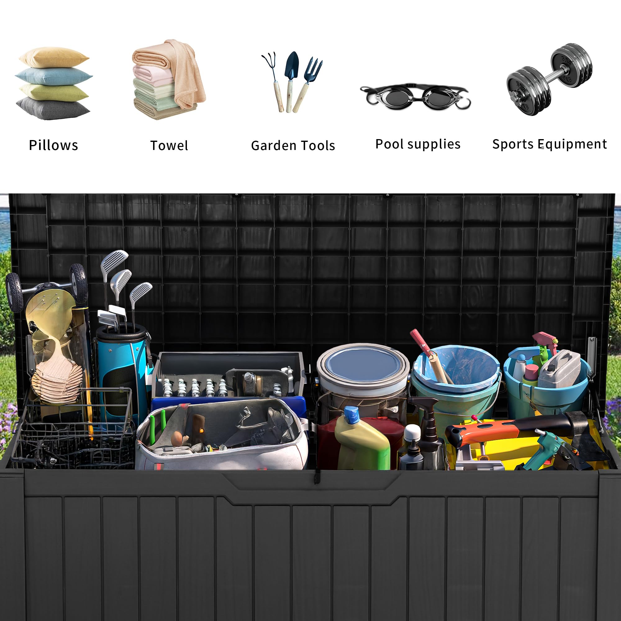 YITAHOME Outdoor Storage Box, 120 Gallon Waterproof Deck Box for Garden Tools, Patio Cushions, and Pool Accessories, Lockable, Easy Assembly, Versatile Bench or Table (Black)