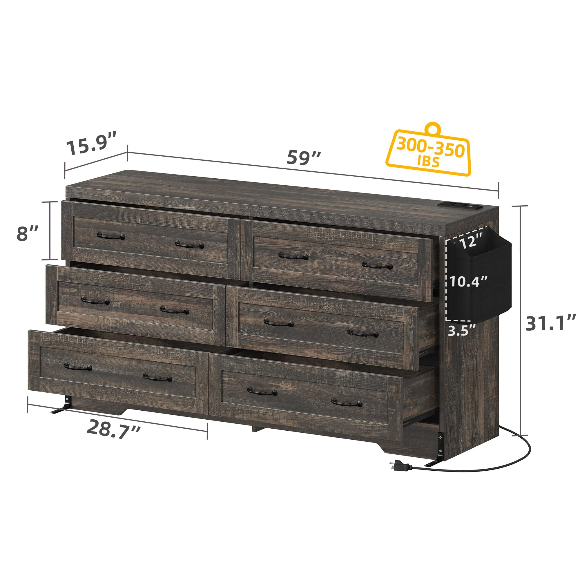 DWVO Farmhouse 6 Drawer Dresser for Bedroom, 59" Wide Large Modern Dresser TV Stand with Drawers & Bar Handles, Storage Dressers with Power Outlets, Rustic Wood Chest of Drawers, Rustic Oak