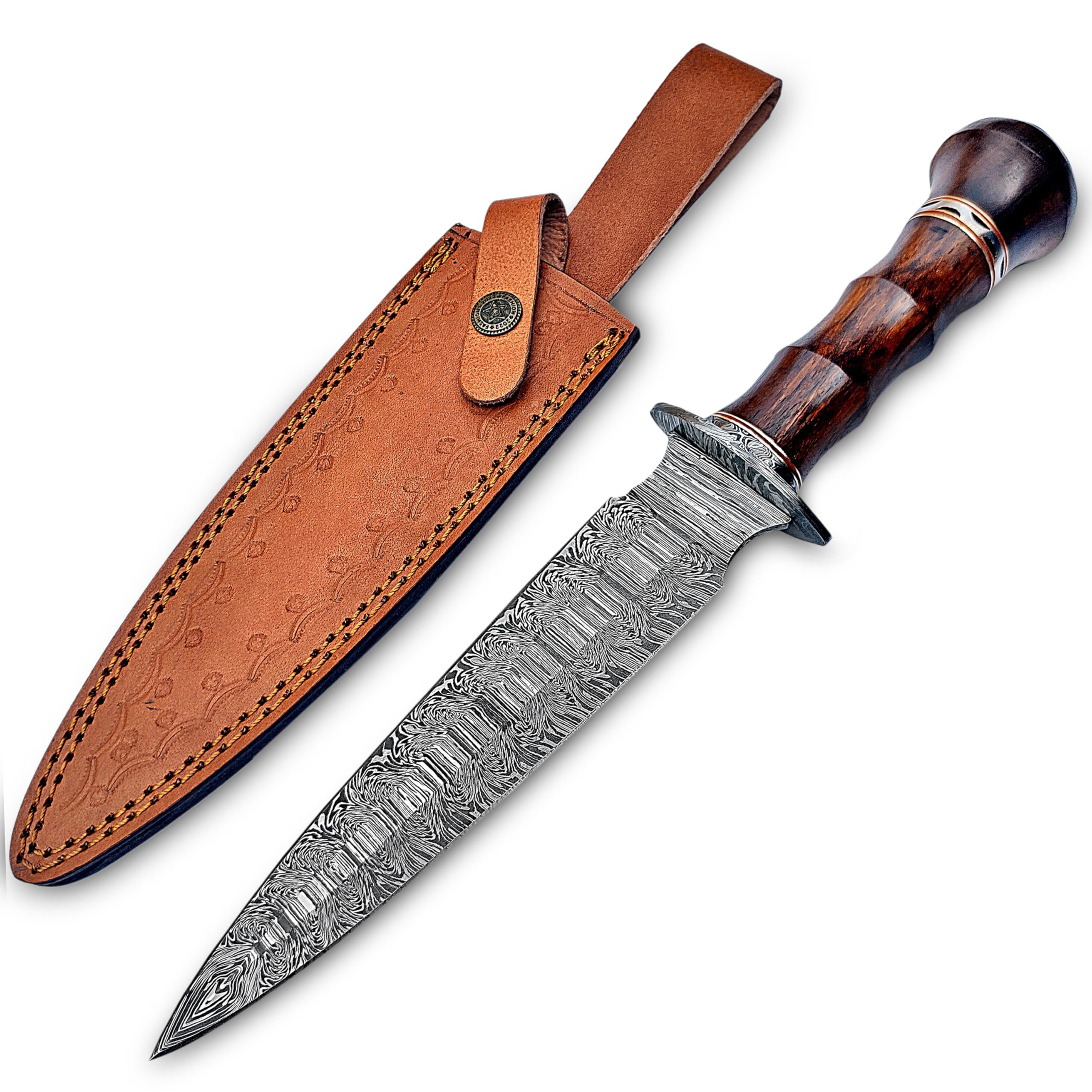 WARIVO KNIFE Handmade Damascus Steel Dagger Knife, 13 Inches Hunting knife Perfect Grip with Wood Handle, EDC Fixed Blade Knife With Leather Sheath for Camping, Tactical, Survival
