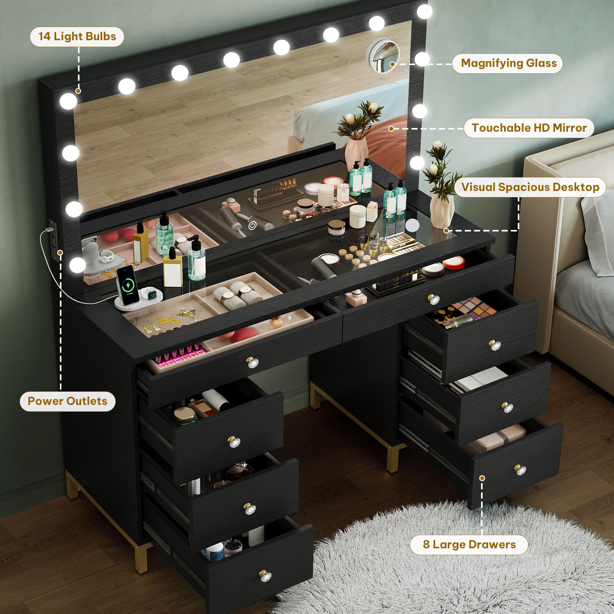 DWVO Vanity Desk with Mirror and Lights, Large Vanity Set with Power Outlet, Makeup Table with 8 Drawers, Dimmable 3 Lighting Colors, Makeup Desk for Bedroom and Dressing Room, Black