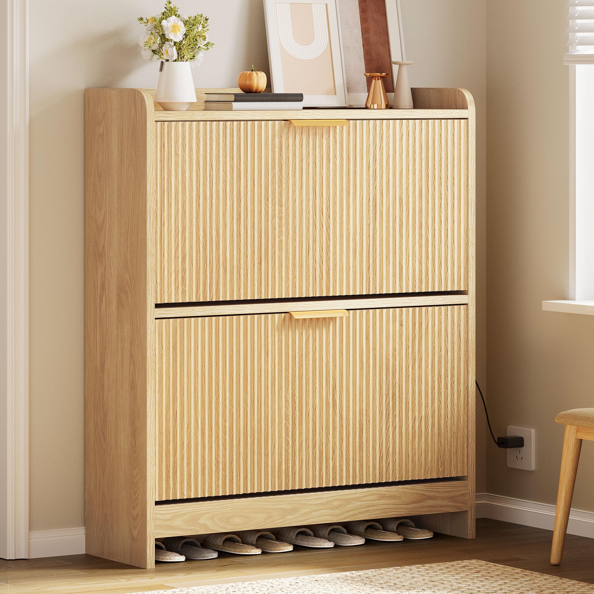 DWVO Narrow Fluted Shoe Cabinet with Air-Purifier, Shoe Storage Cabinet with 2 Flip Drawer, Adjustable or Removable Hidden Shoe Rack Free Standing Shoe Cabinet Organizer for Entryway,Hallway-Natural