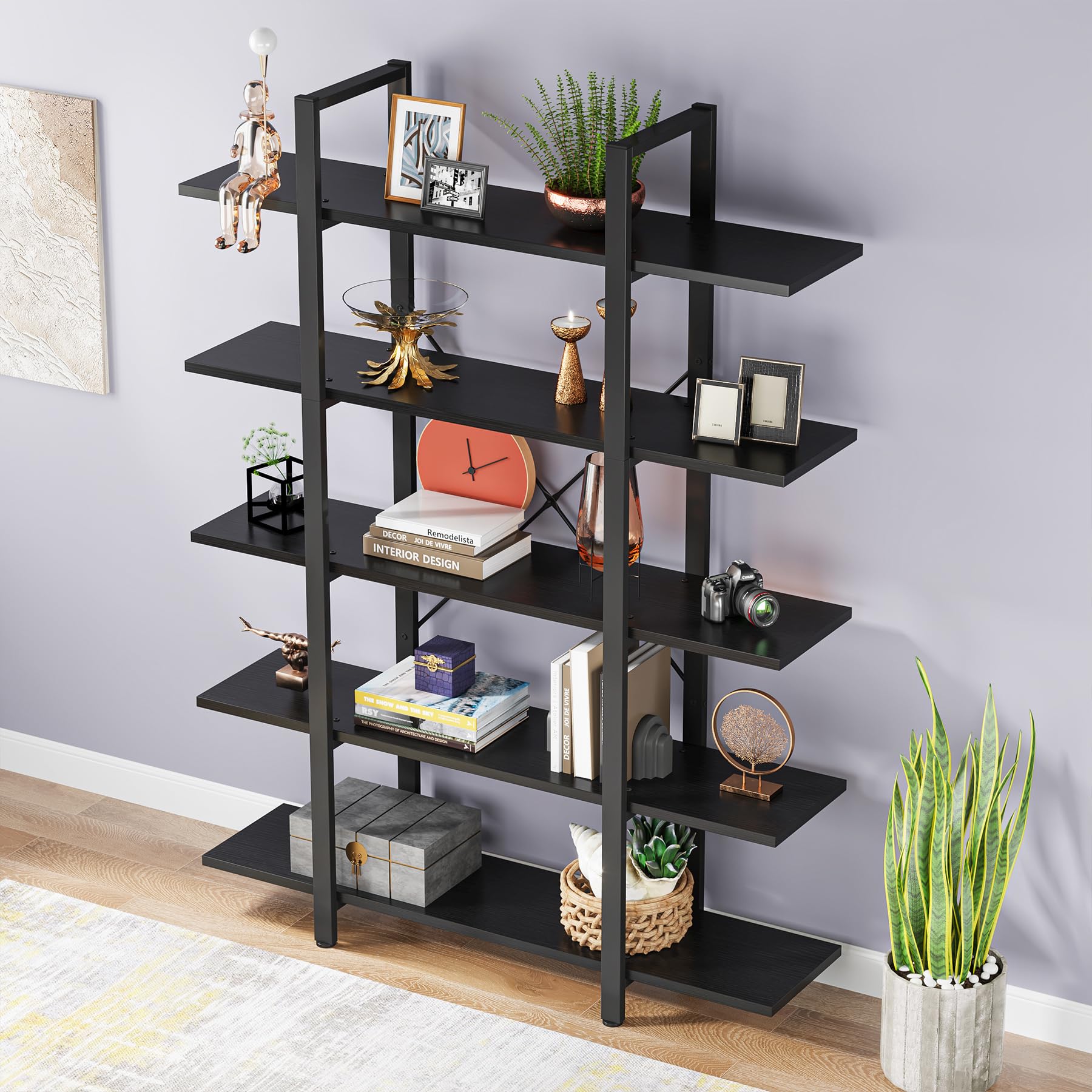 Tribesigns 5-Tier Bookshelf, Vintage Industrial Style Bookcase 72 H x 12 W x 47L Inches, Black