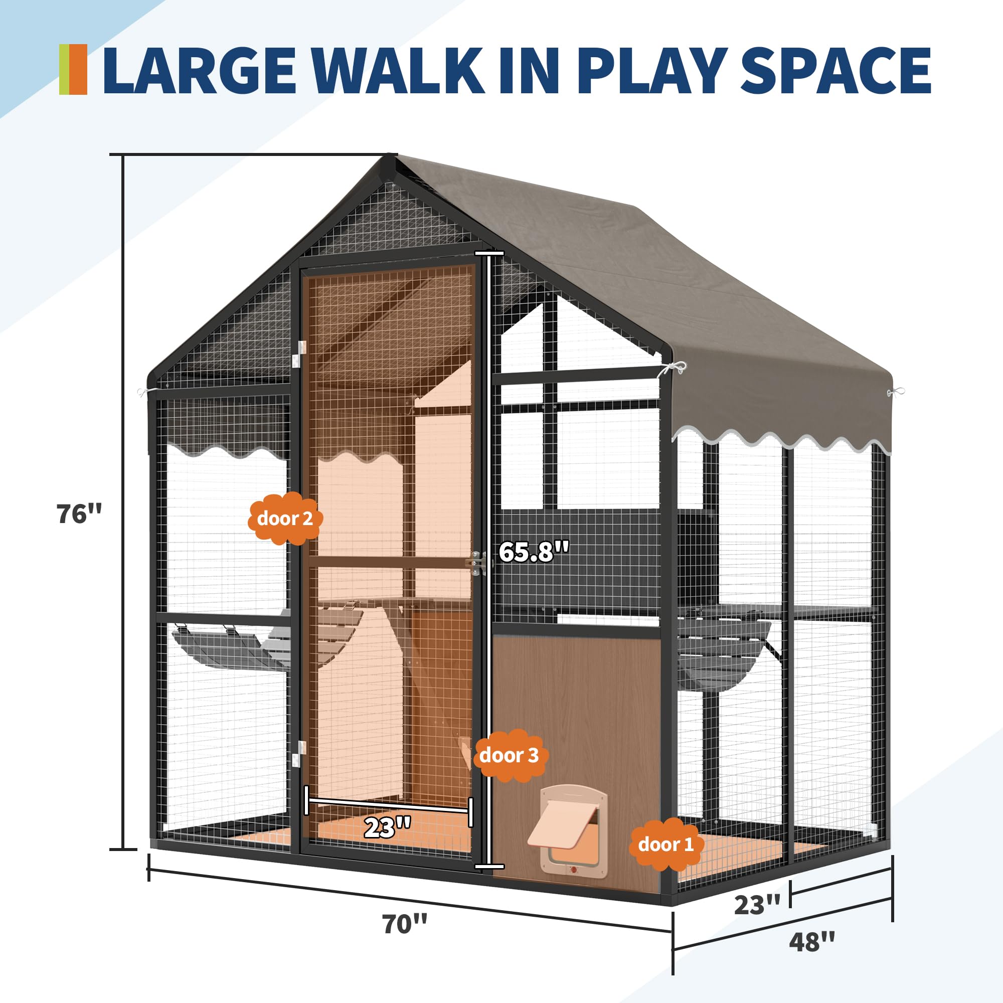 Aluminum Walk-In Large Outdoor Cat Enclosure, Large Outdoor Catio for Multiple Cats, Outside Cattery with Weatherproof Roof with Channels, Side Door, UV Proof Cover, Huge Condo, Platform