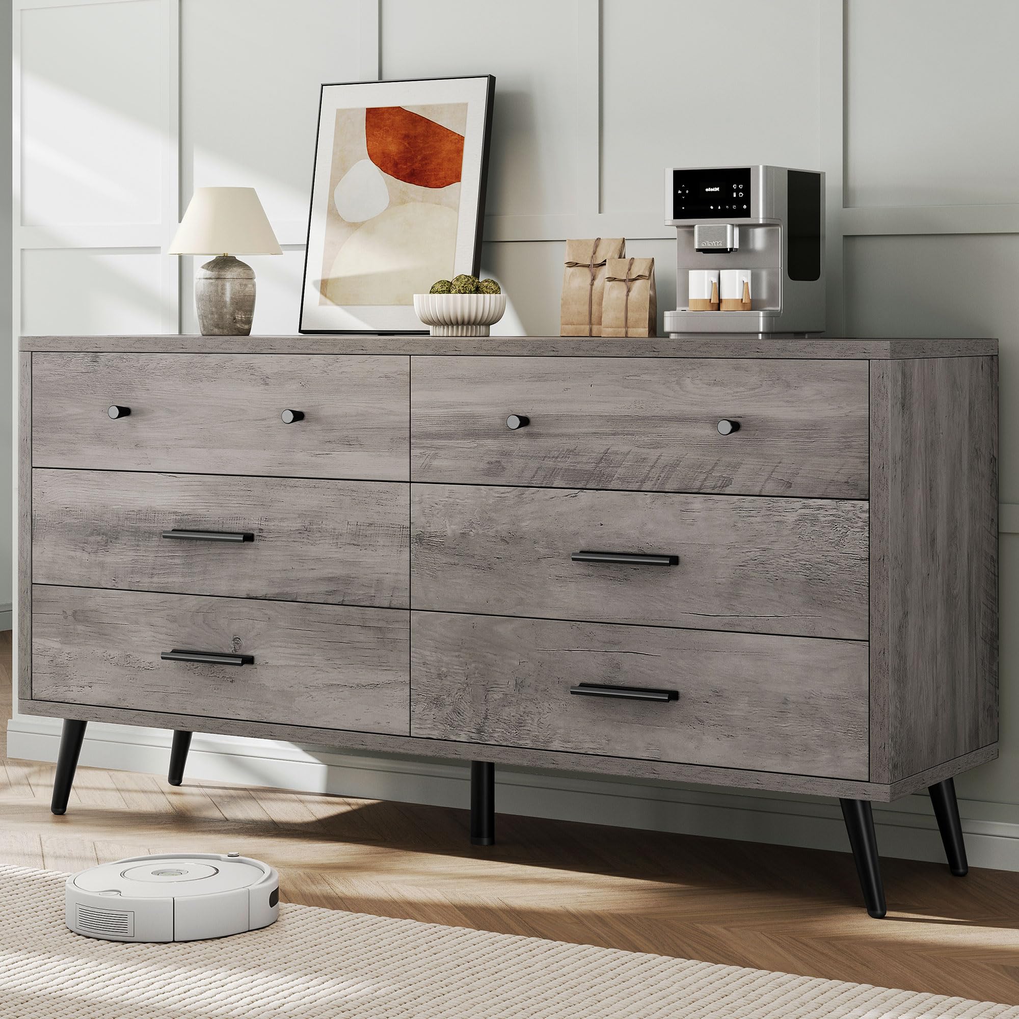 DWVO Grey Dresser TV Stand for 65 Inch TV/6 Drawer Dresser Entertainment Center/Console Table with Black Metal Handles & Anti-Tipping Device for Living Room