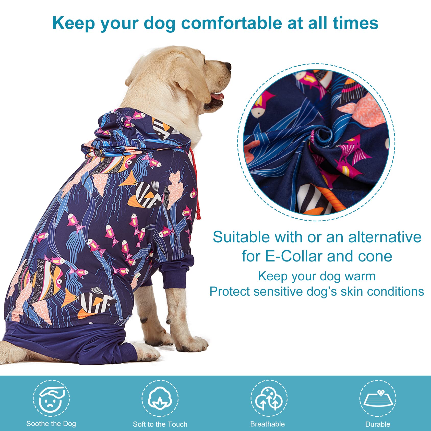 LovinPet Big Pitbull Dog PJS Wound Care/Post Surgery Dog Clothes,Anxiety Relief Onesies for Dogs,Lightweight Stretchy,Pet Pajamas for Dogs, Reflective Stripe,Fishtopia Seascape Navy Print /3XL