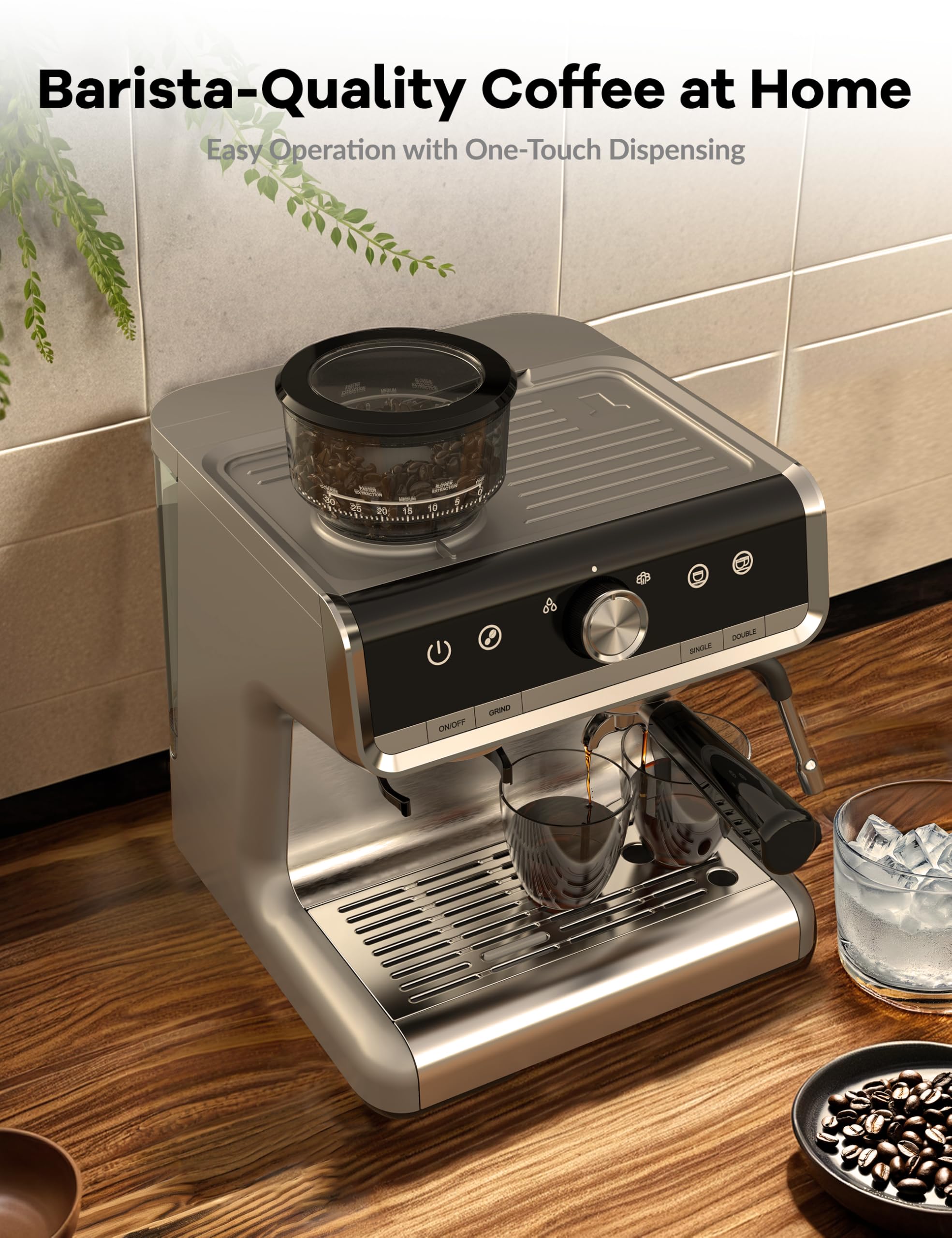 Espresso Machine, 20 Bar Semi Automatic Espresso Machine With Grinder and Milk Frother Wand, Professional Espresso Maker Coffee Machine With 95oz Removable Water Tank (Light Grey)