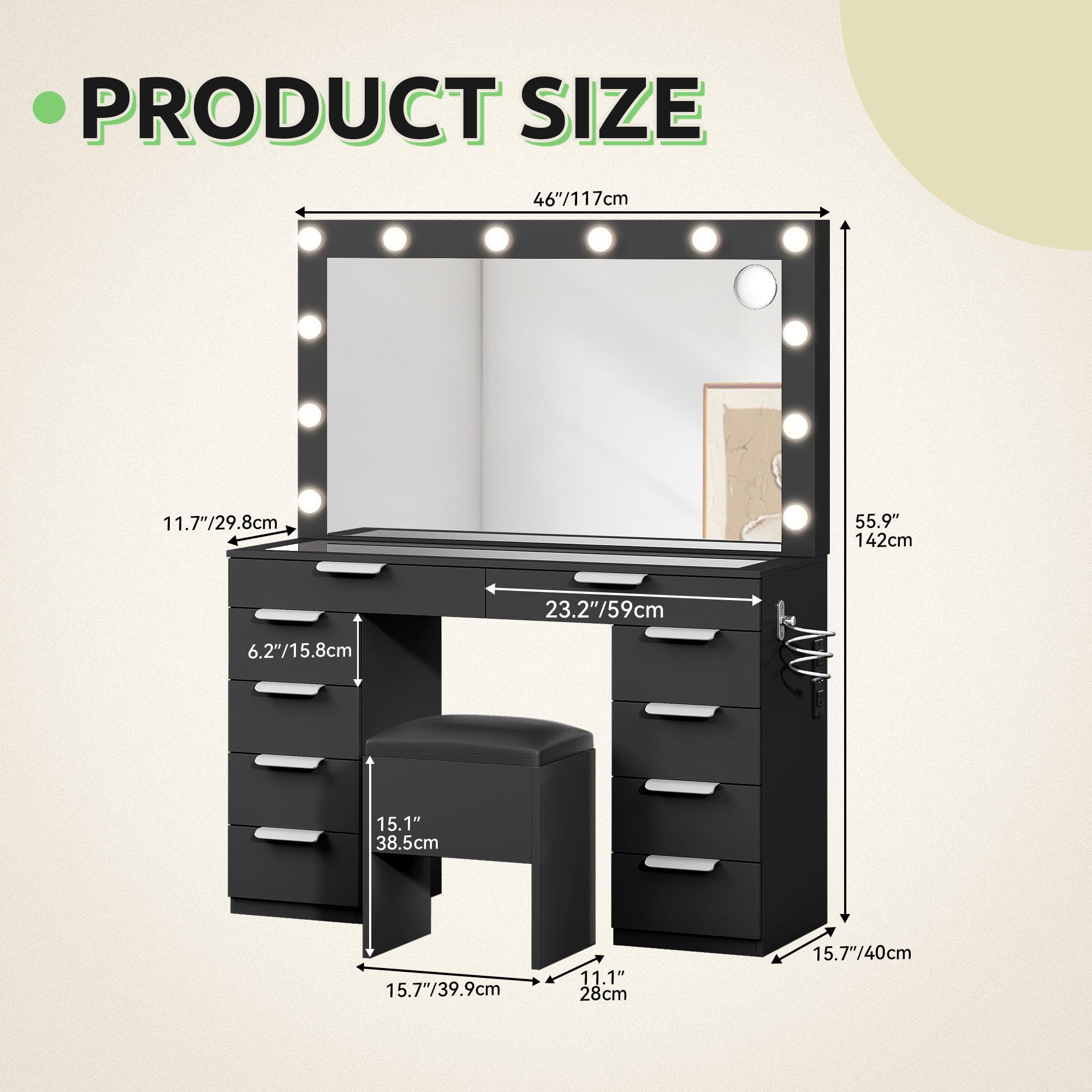 GOOBED 46" Makeup Vanity with Large Mirror & Lights, Glass Top 10-Drawer Vanity Desk Set with Power Outlets & Storage Stool, Dressing Table with 3 Light Modes for Dressing Room, Jet Black