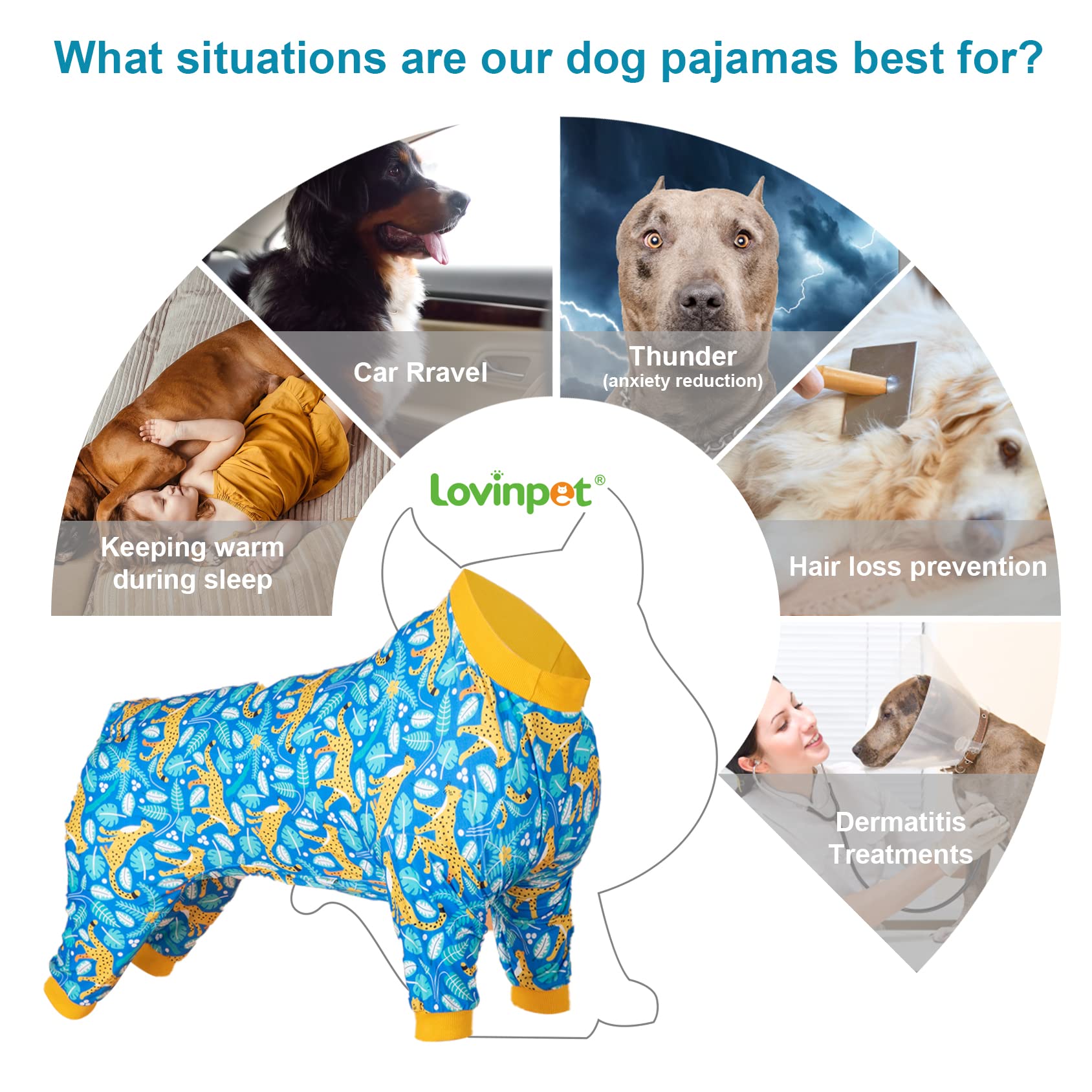 LovinPet Onsies for Dogs Large - Pet Anxiety Relief Shirt, Sun Protection, Dog Pajamas, Comfy Fabric, Bright Leopard Print, Pitbull Clothes, Recovery Shirt for Large Breed Dogs, Blue 2XL
