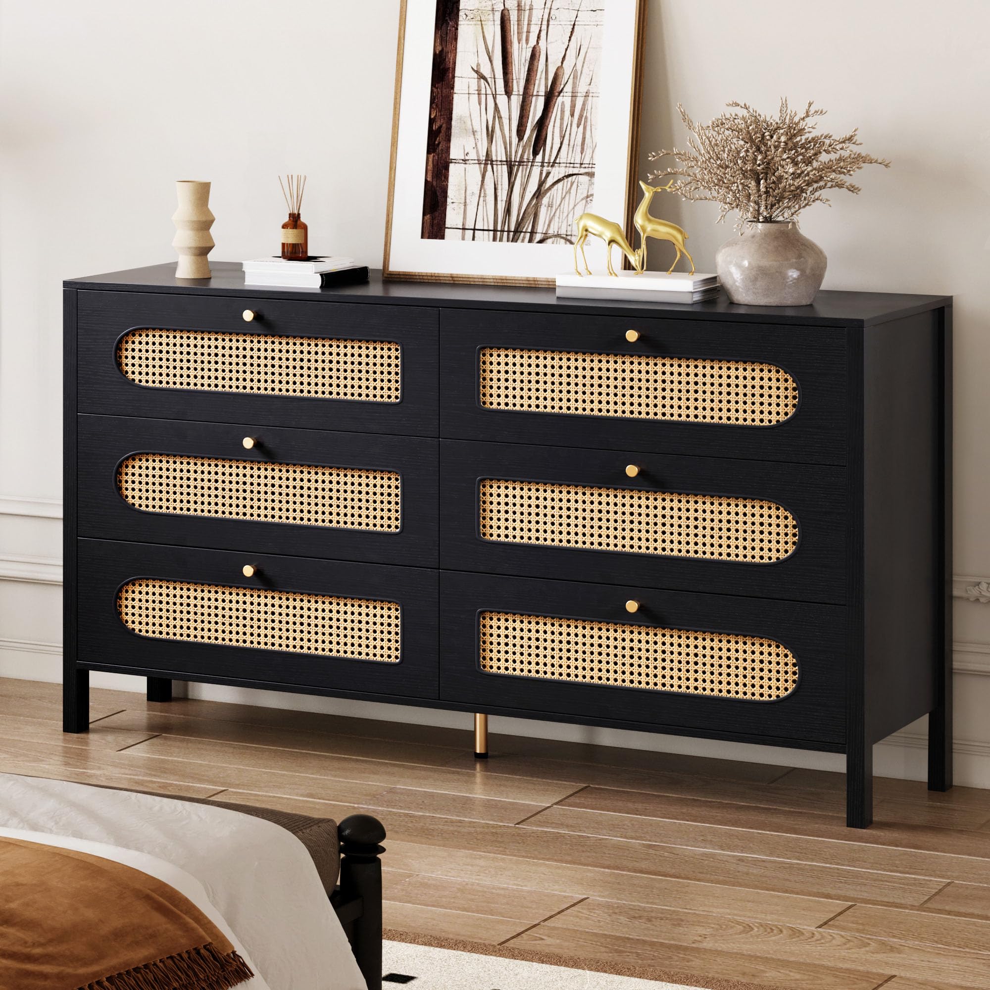 DWVO Buffet Cabinet Rattan - Storage with 6 Wood Storage Closet Dressers Chest - Coffee Bar with Drawer-Accent with Golden Handles for Living Room/Dining Room/Entryway-Black