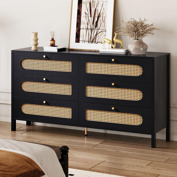DWVO Buffet Cabinet Rattan - Storage with 6 Wood Storage Closet Dressers Chest - Coffee Bar with Drawer-Accent with Golden Handles for Living Room/Dining Room/Entryway-Black