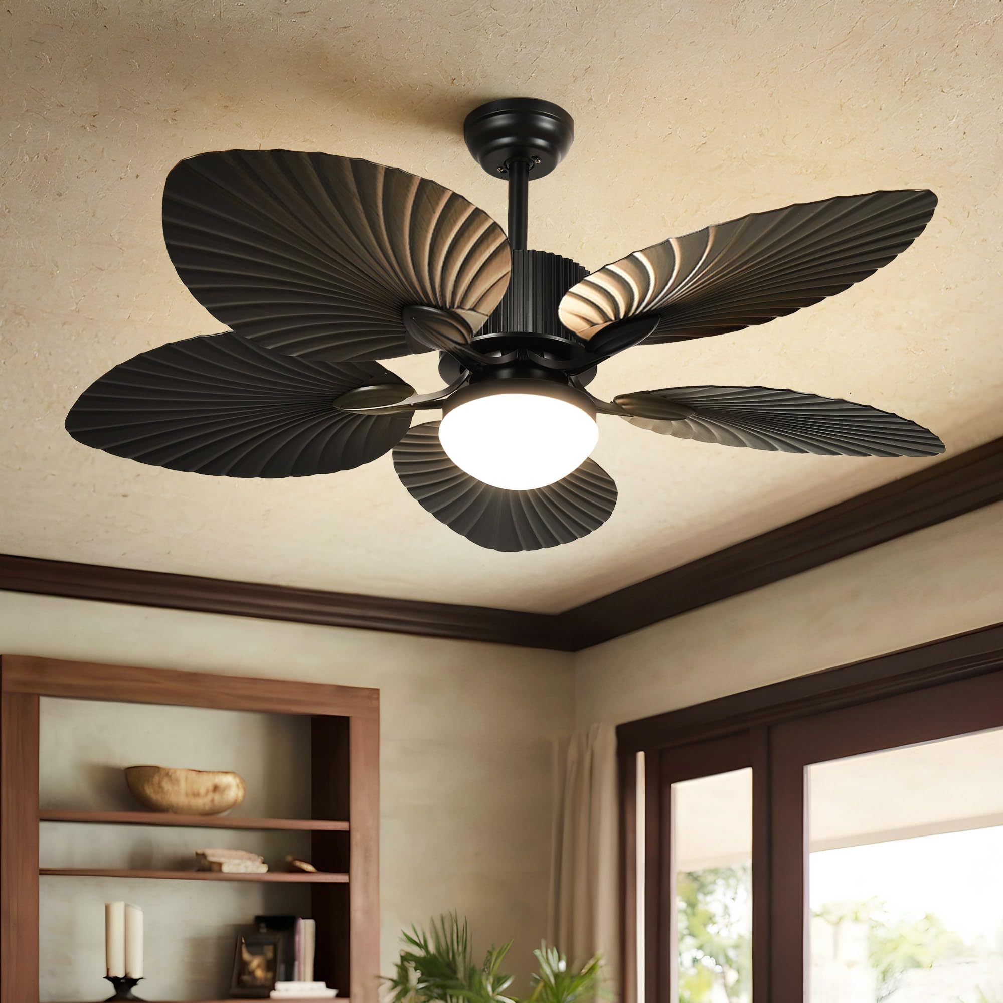 YITAHOME Tropical Ceiling Fan with Lights, 3 Ways Control, Dimmable 52 Inch Retro Ceiling fan with Cleaner Duster, Black Smart Ceiling Fan Compatible with Alexa for Living Room, Dining Room