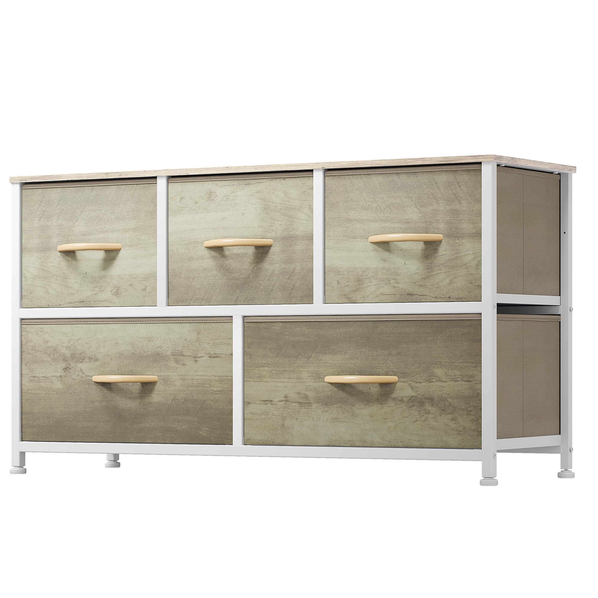 DWVO Wide Chest of Drawers, Dresser with 5 Drawers, Oak Grain Fabric Storage Tower, Dresser for Room with 5 Drawers, Living Room, Closets - Sturdy Steel Frame, Wooden Top