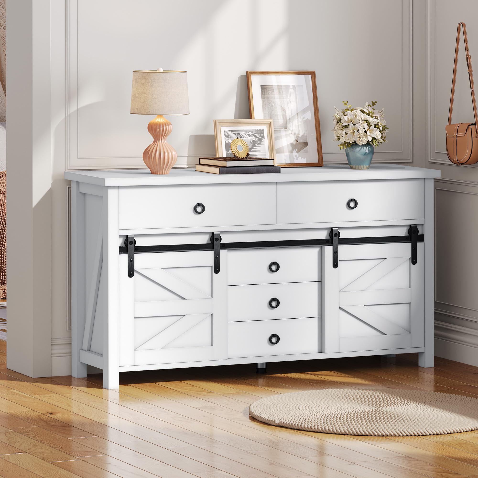DWVO 54" Farmhouse Dresser for Bedroom, Large Modern Chest of Drawers, Wood Rustic Dresser TV Stand with 5 Drawers & 2 Sliding Barn Doors for Living Dining Room, Entryway, Hallway, White
