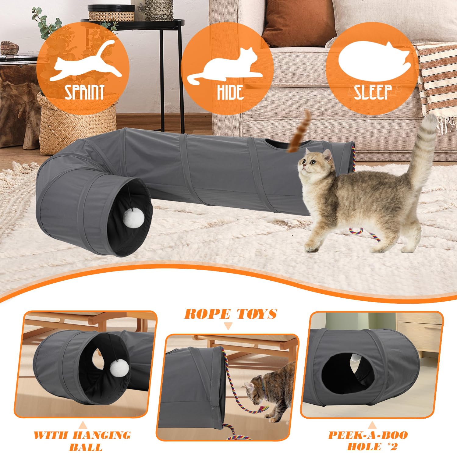 PAOPO Cat Tunnel, 2-Way Collapsible Cat Tube with Interactive Peek-A-Boo Hole, Toy Ball, and Rope – Ideal for Indoor Cats, Kittens, and Rabbits, Dark Gray