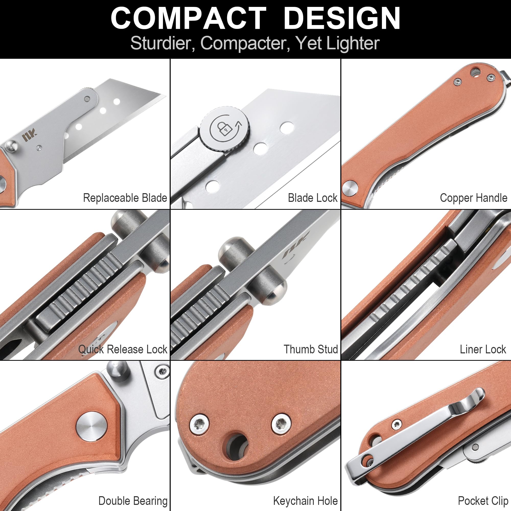 NUKNIVES U23 Kumpanter Folding Utility Knife - Versatile EDC Knife with Quick-Release Blade, Compact Foldable Pocket Utility Knives - Copper
