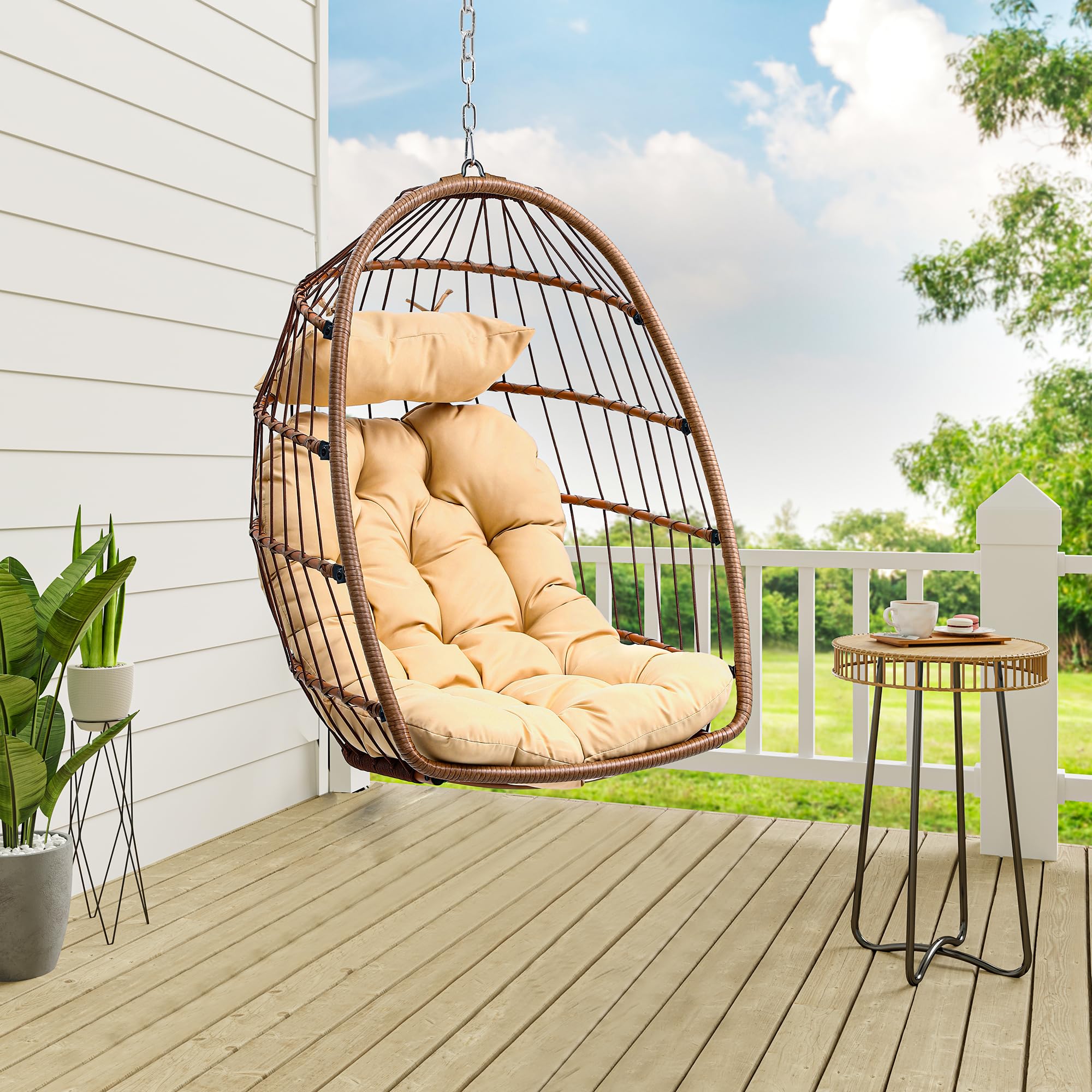 YITAHOME Hanging Egg Swing Chair Outdoor Wicker Hammock Chairs Indoor Without Stand UV Resistant Cushion 350lbs for Patio, Bedroom, Garden and Balcony, Beige