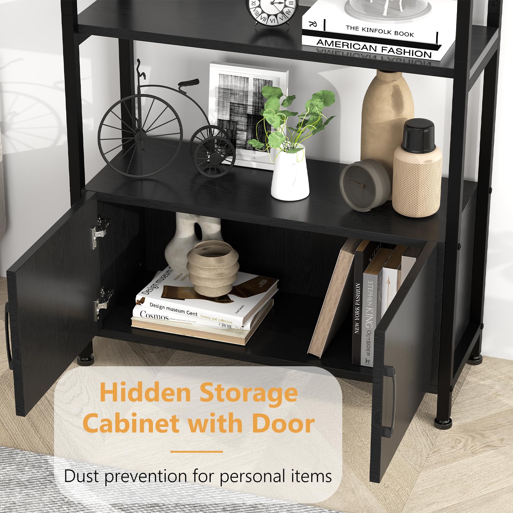 4 Tier Bookshelf, Arched Bookcase with Doors Storage, 71.5 Inches Tall Industrial Book Shelf with Sturdy Metal Frame and Quality Boards, Freestanding Display Shelving Bookshelf for Study,Black