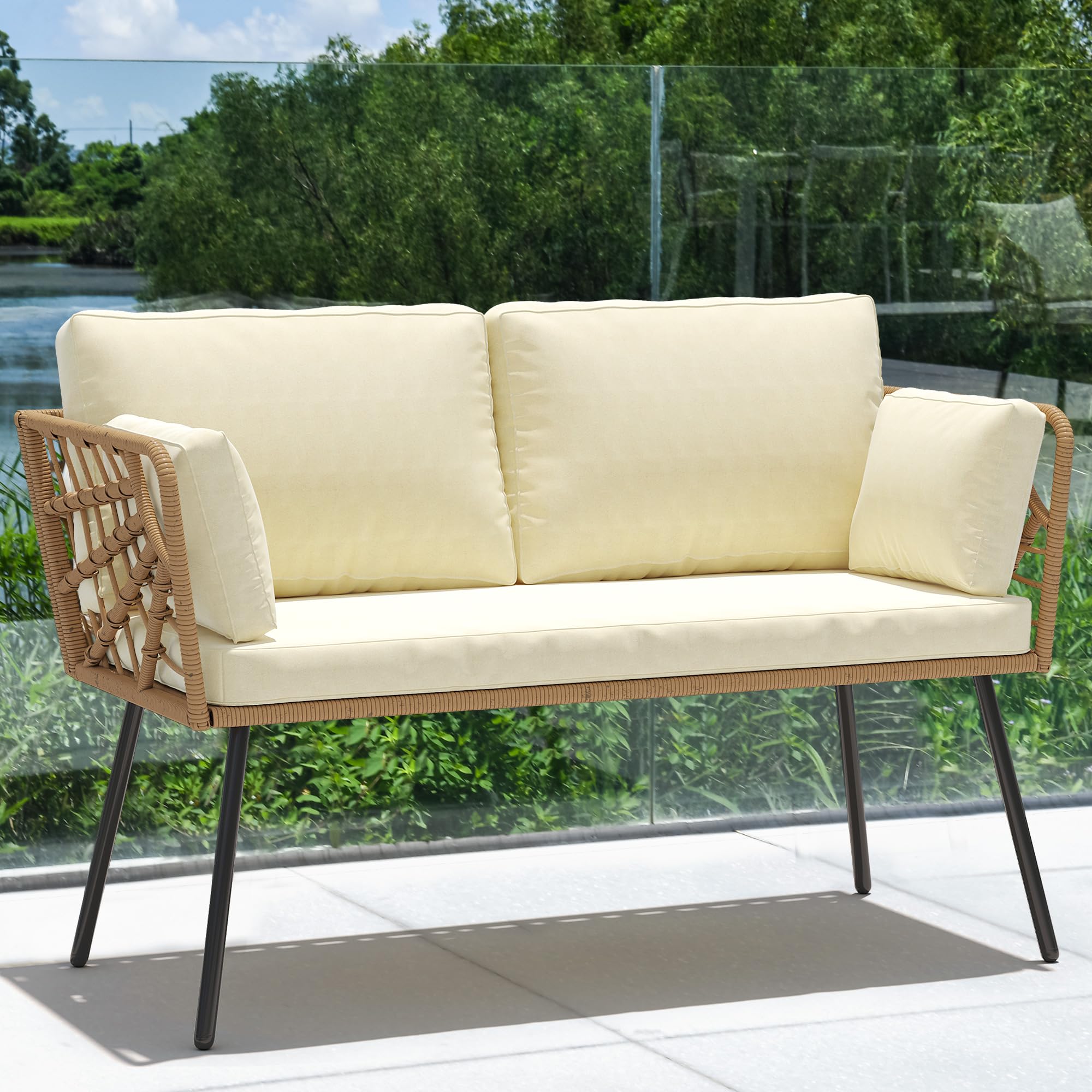 YITAHOME Wicker Patio Loveseat, All-Weather Rattan Outdoor Sofa for Balcony, Backyard, Pool, Porch, Deck, Outdoor Sectional Furniture Set with Table & Cushions - Beige