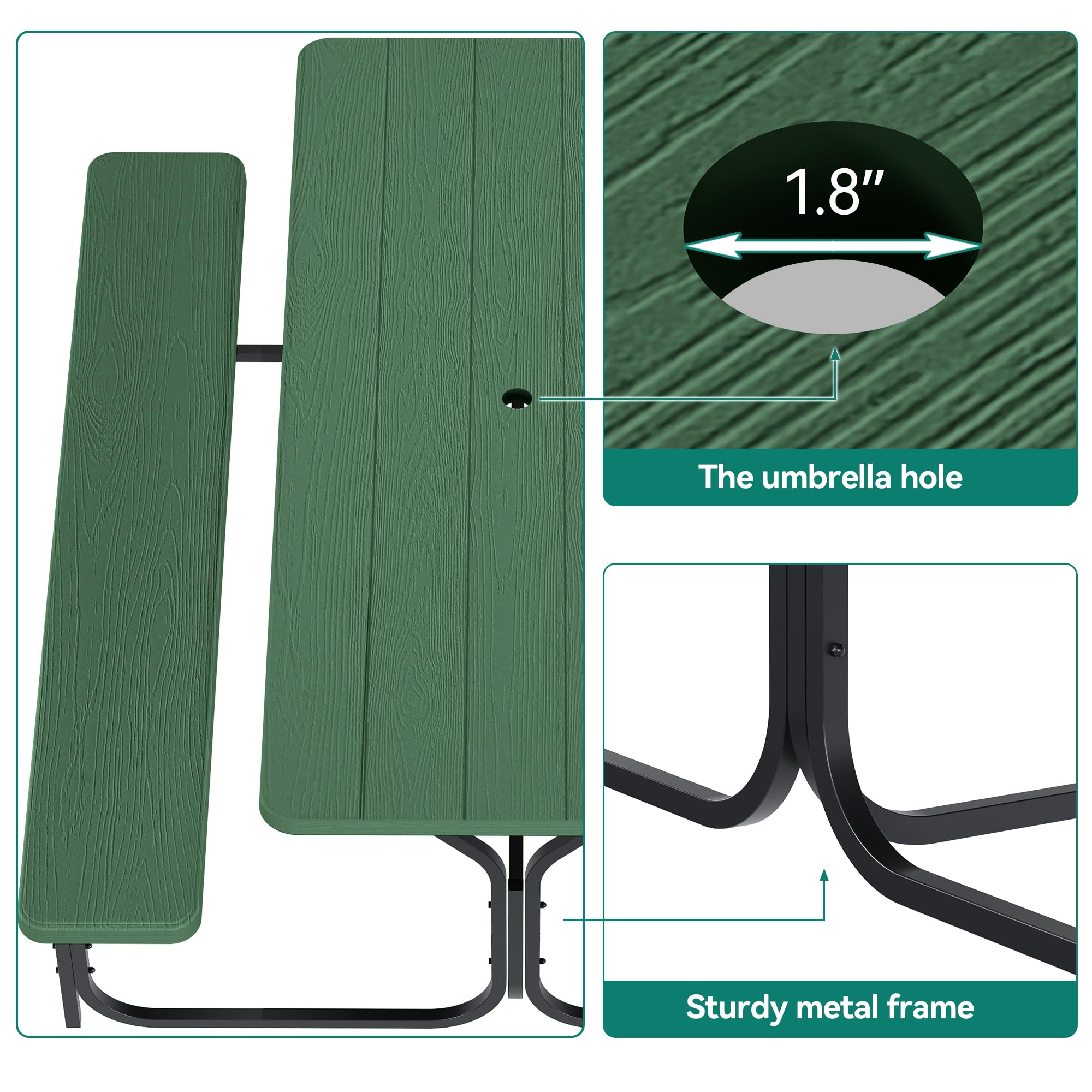 YITAHOME Picnic Table 6ft Heavy Duty Outdoor Picnic Table and Bench Resin Tabletop & Stable Steel Frame w/Umbrella Hole for Yard Patio Lawn Party Green