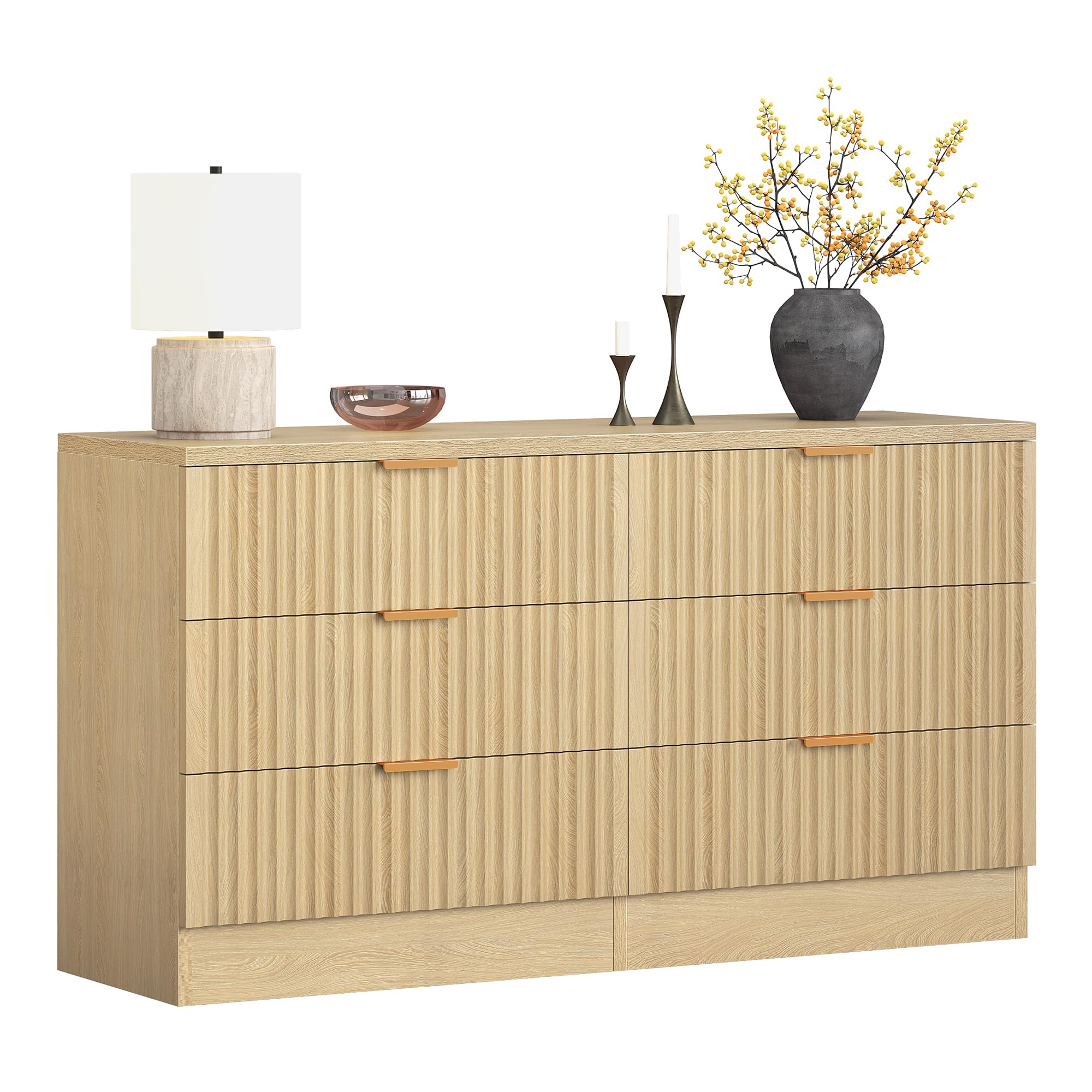 DWVO Fluted Sideboard Cabinet with 6 Drawers, Self-Standing Buffet Cabinet, Modern Drawers Dresser, Wooden Storage Cabinet for Living Room, Entryway, Hallway, Natural Oak