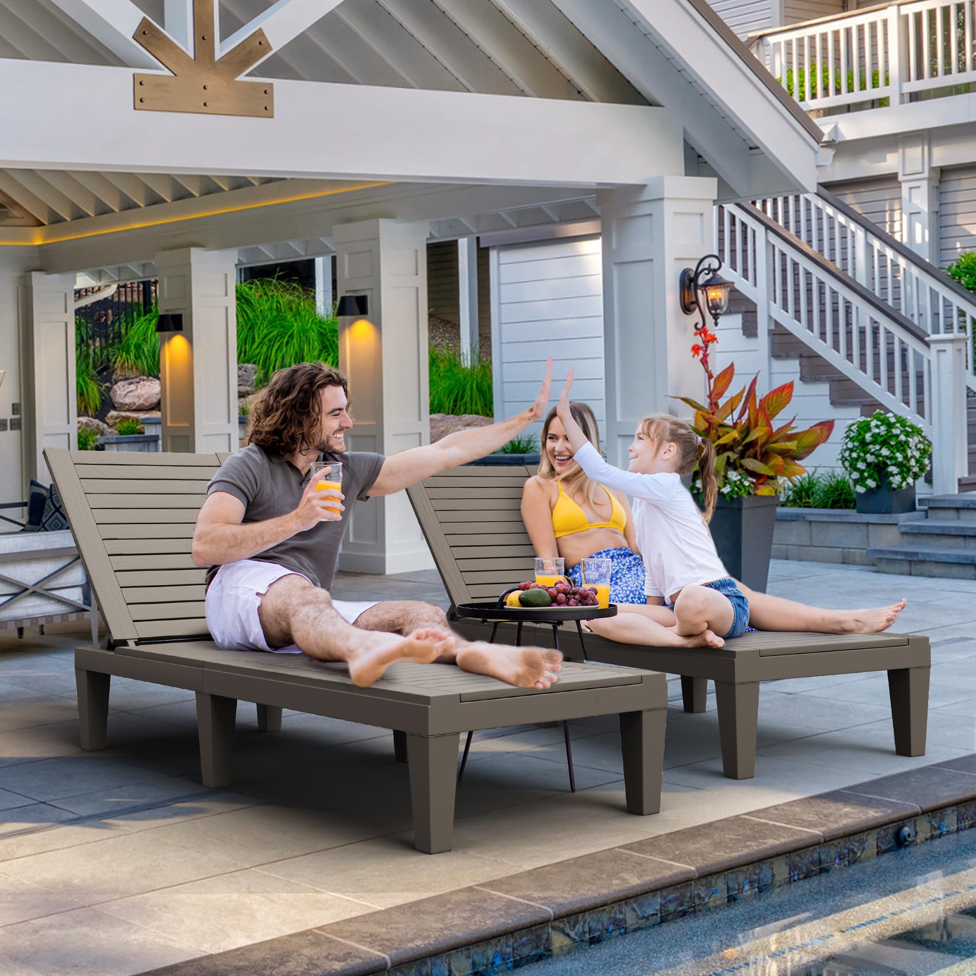 DWVO Outdoor Chaise Lounge, Pool Lounge Chair Set of 4 w/ 5-Level Backrest, Waterproof & Easy Assembly Patio Lounge Chair for Garden, Pool, and Beach (Taupe)
