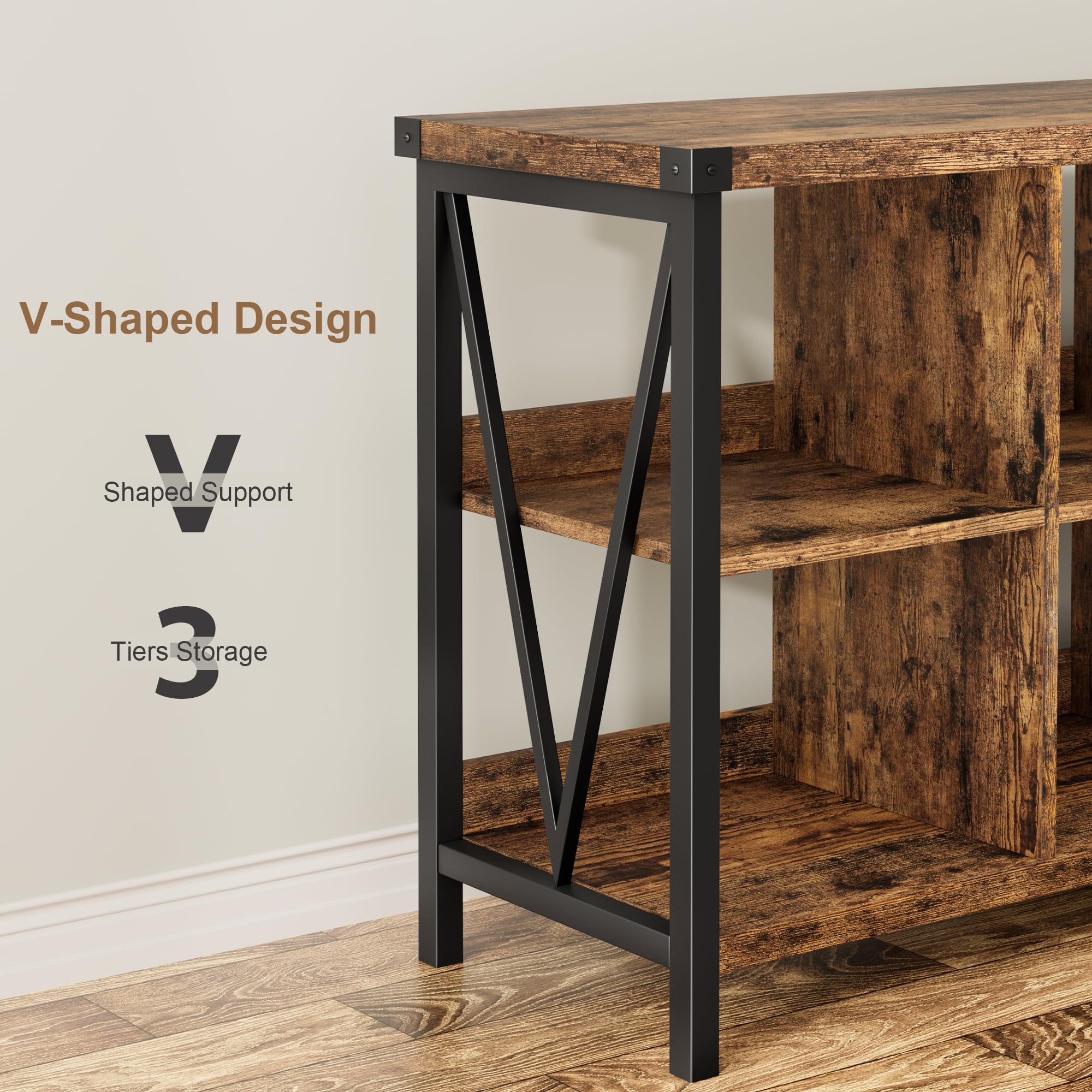 GarveeHome 8 Cube Storage Organizer Bookshelf, 3 Tier Metal Horizontal Bookcase, 62 Inch Console Bookshelf, Industrial Storage Bookcase for Entryway, Long Low Bookshelf for Living Room-Retro Brown