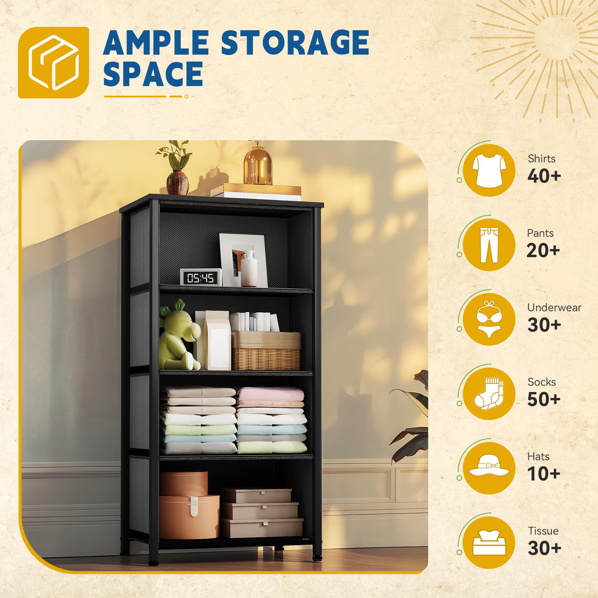 DWVO 4 Drawers Dresser, Dresser for Bedroom, Fabric Storage Tower, Chest of Drawers, Organizer Unit for Closets, Living Room, Sturdy Steel Frame, Wooden Top, Easy Pull Fabric Bins, Black Wood Grain
