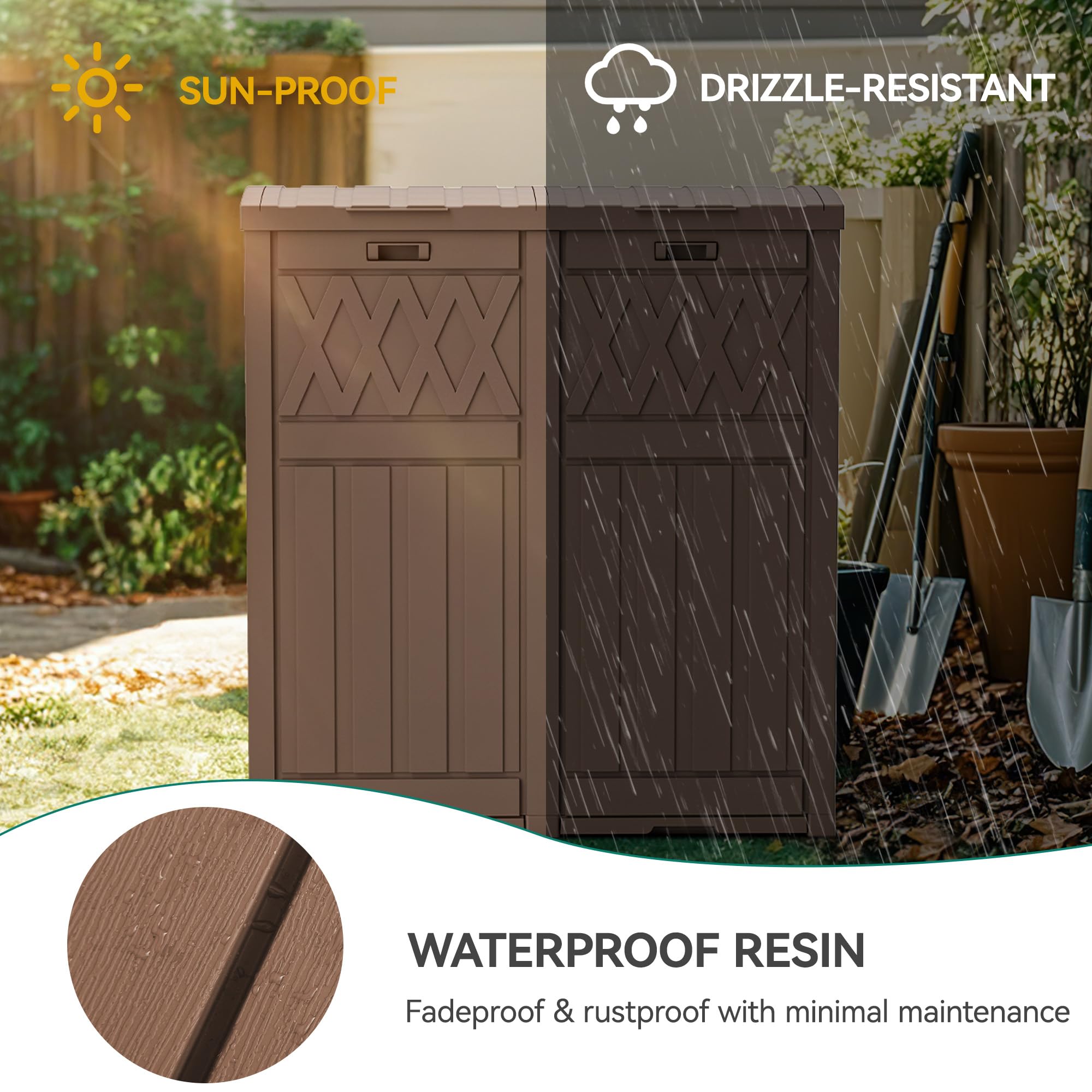 YITAHOME 76 Gallon Dual Compartment Outdoor Trash Can, Resin-Based with Layered Lid and Drip Tray, Waterproof Garbage Bin Brown