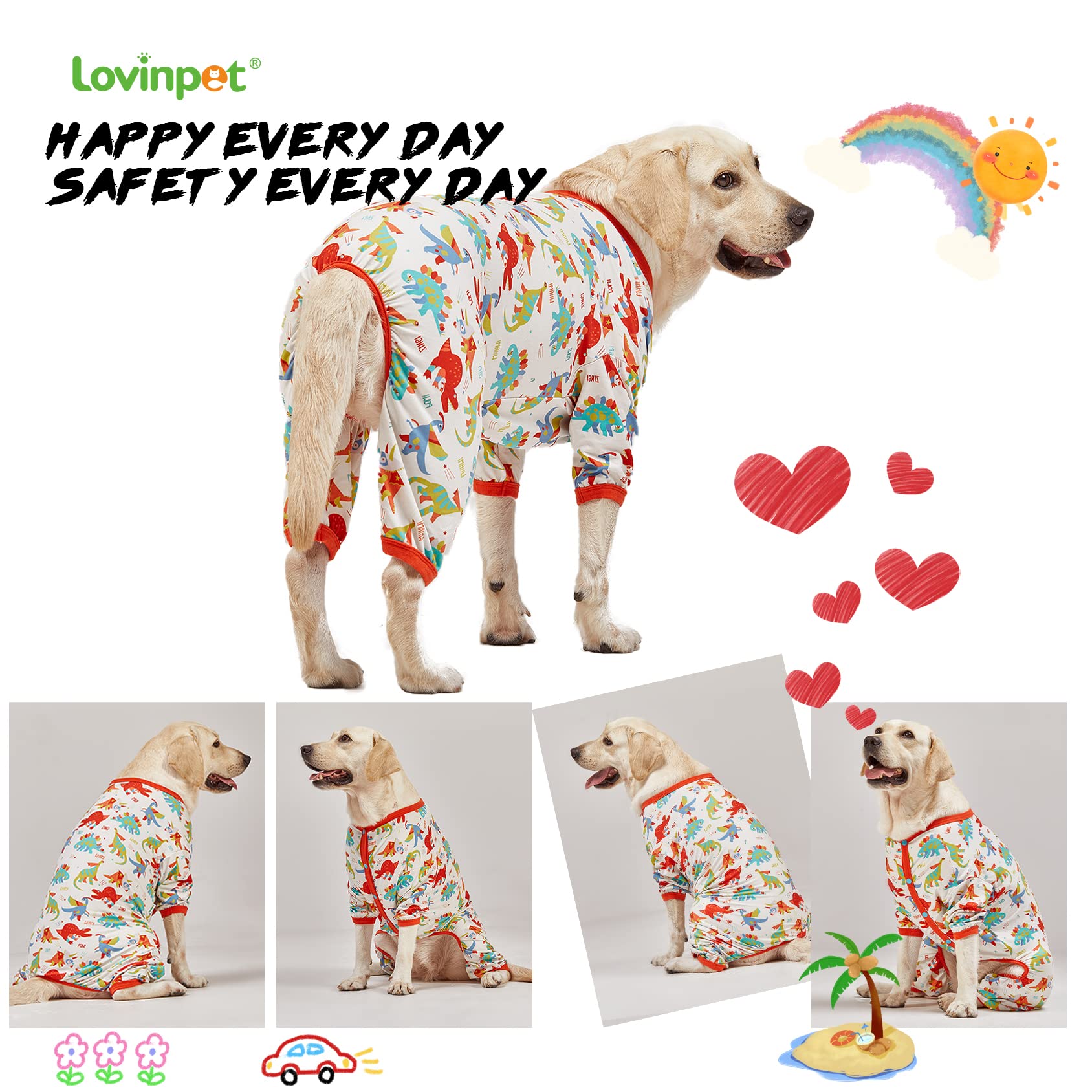 LovinPet Large Dog Pajamas, Undershirt for Dog Coats, Anti Licking, Pitbull Clothes, Pet Anxiety Calming Onesies for Dogs, White Dinos Print, Pet Pajamas for Dogs, Pitbull Shirt, M